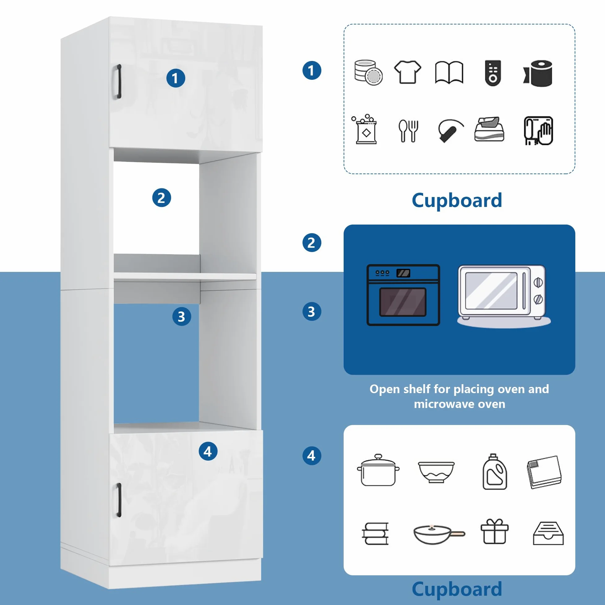 MSFE Colonne four et Micro Onde Encastrable,Armoire Micro-ondes 60x57.2x207cm,Armoire de Cuisine avec Étagère,Meuble de Rangement Salle à Manger Maison Intérieur,Blanc Très Brillant,Expédié en 2 Colis