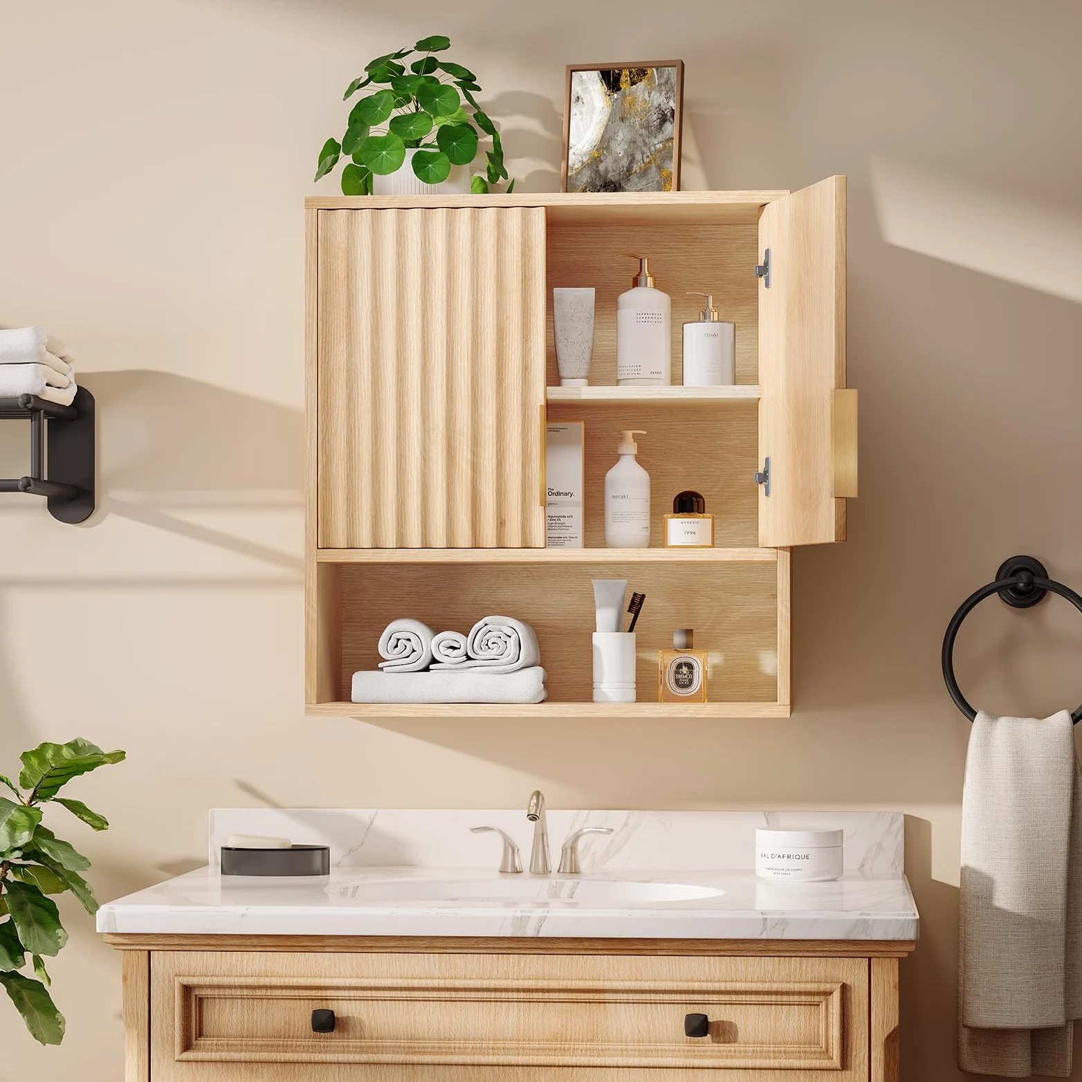 Bonnlo Armoire Murale de Salle de Bain en Chêne, 2 Portes et 3 Étagères de Rangement, 58 x 20 x 62 cm, Meuble de Rangement Suspendu pour Salle de Bain, Cuisine, Salon