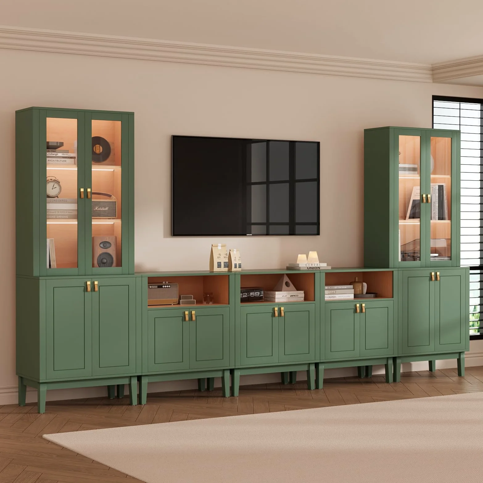 VOWNER Meuble TV Bibliotheque avec LED, 300 cm Grand Meuble Télé avec Portes en Verre pour TV jusqu'à 75 Pouces, Meuble TV Set, Buffet pour Salon, Cuisine, 300 x 180 x 40 cm (Vert, 5PCS)