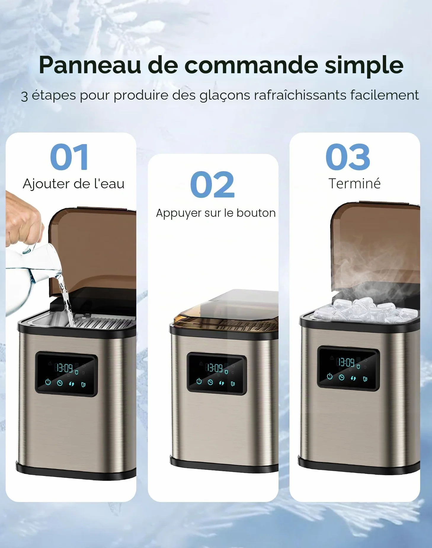 Machine a glacons Acier inoxydable machine a glace machine a glacon avec écran LED et fonction de nettoyage 2 tailles de glaçons 2 litres pour la cuisine le bureau le bar et les fêtes