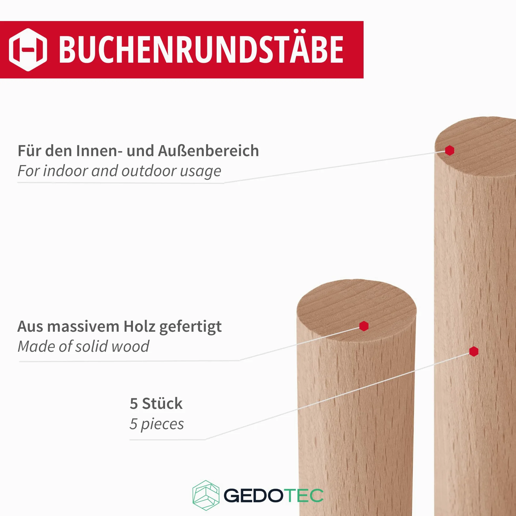 Gedotec Tige ronde en hetre lisse | tiges en bois | batons de bricolage 25 x 2000 mm | lot de 5 | tiges en hetre a bricoler | tige en bois massif | batonnets