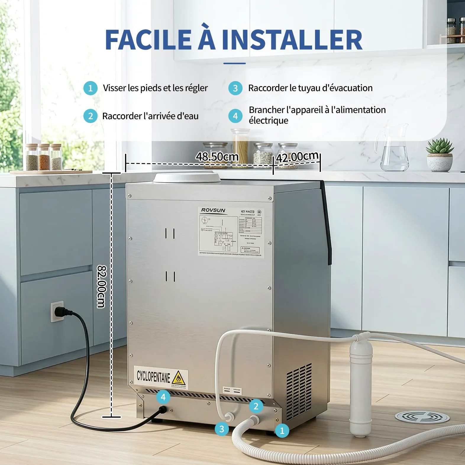 LEADZM Machine à Glaçons Commerciale 50 kg/24h, Capacité de Stockage 23 kg, 50 Glaçons par Cycle, Acier Inoxydable, Nettoyage Automatique, Idéale pour Bar, Restaurant et Café