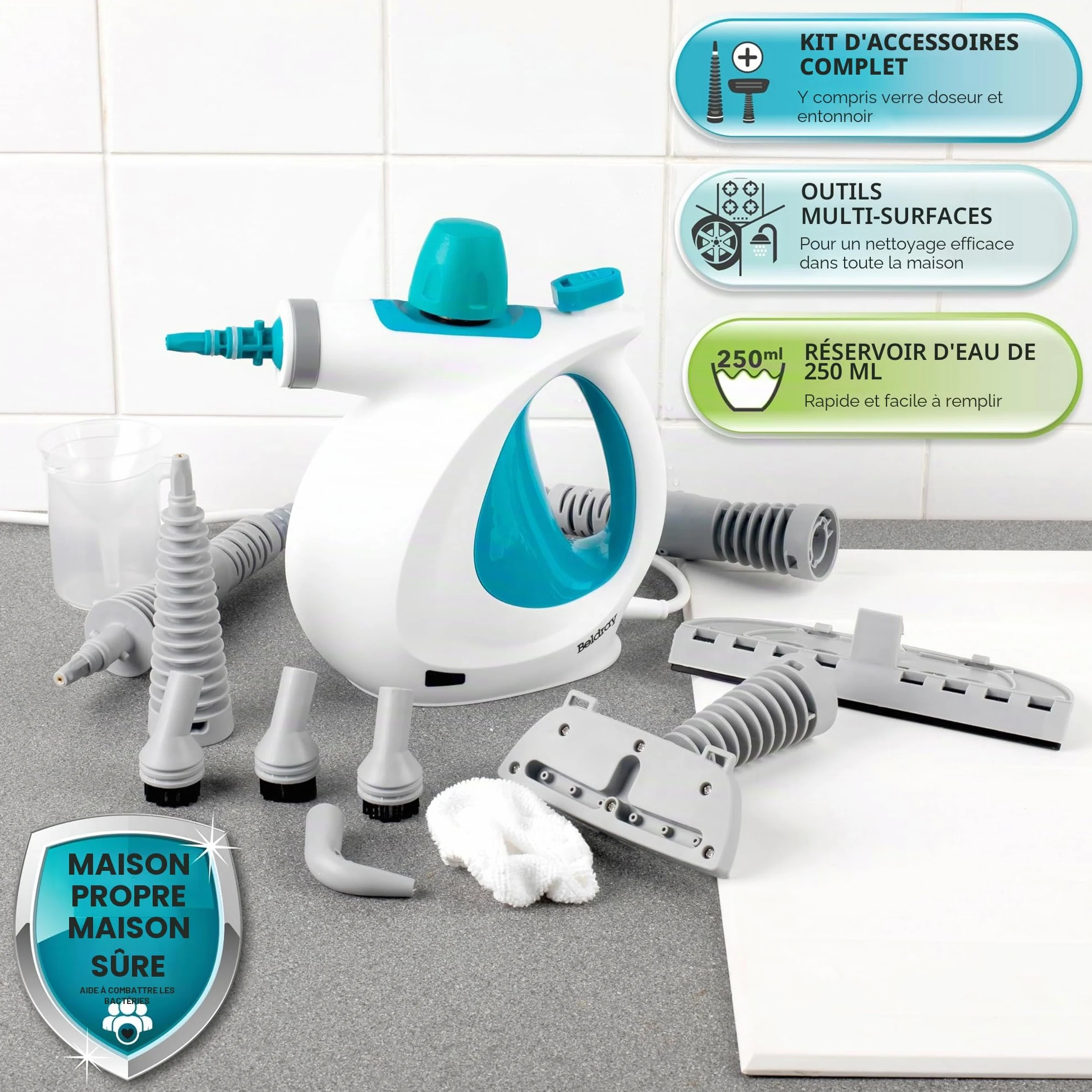 Beldray Nettoyeur Vapeur à Main 10-en-1 , Prise EU, Nettoyage et Désinfection Vapeur Multifonctionnel, Réservoir d'Eau de 250ml, Accessoires Nettoyage pour Rideaux, Salle de Bain, Cuisine etc, 1000W