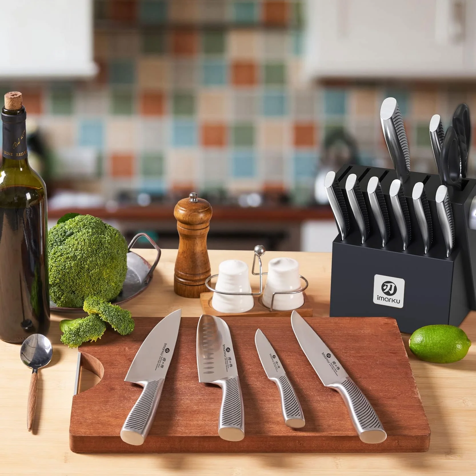 imarku Couteau Cuisine Professionnel, Set de 14 Couteaux de Cuisine en Acier Inoxydable, Bloc à Couteaux avec Aiguisoir, Poignée Ergonomique, Cadeau Fête des Pères
