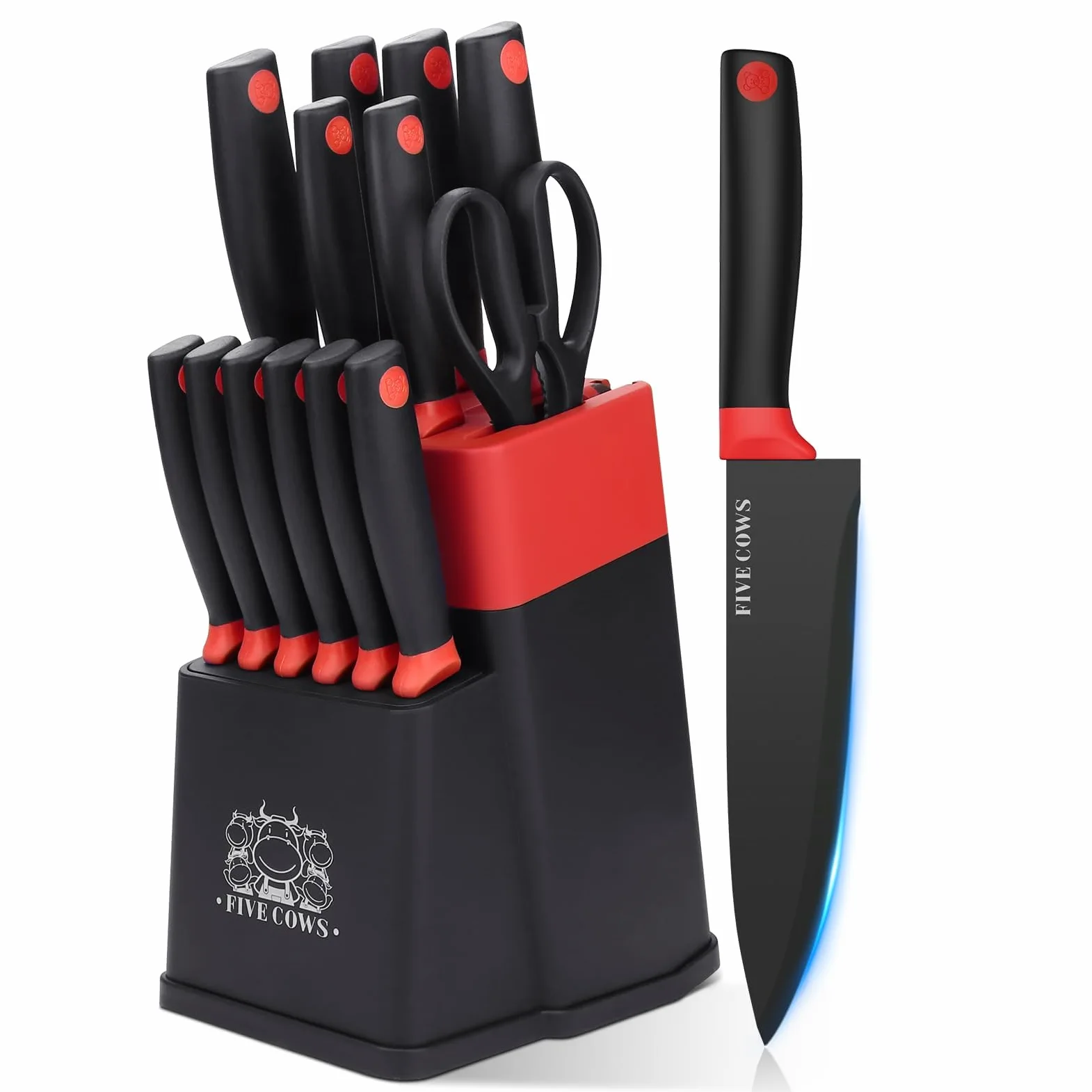 Couteau Cuisine, 14 pièces Couteaux de Cuisine avec Bloc, avec Aiguiseur Intégré, Set de Couteaux à Steak, X50CR15, Bloc Couteaux Cuisine avec à Pain, Couteau à Fruits et Ciseaux (Rouge)