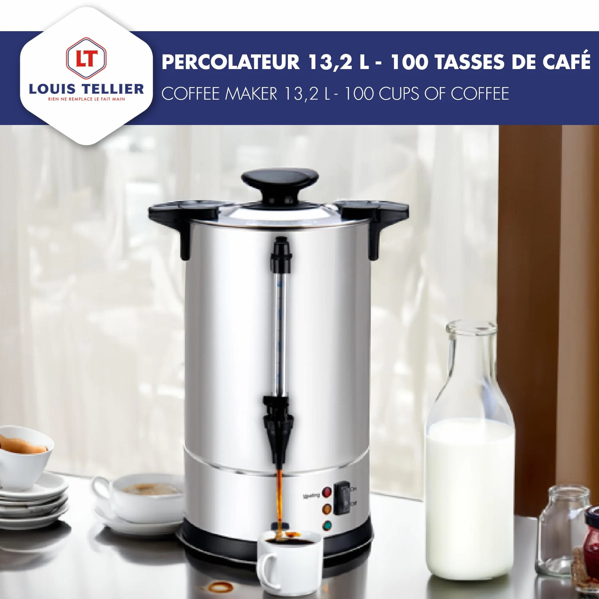 LOUIS TELLIER - Percolateur à café professionnel - Capacité 13,2 L - 100 tasses - INOX - Filtre en inox - Robinet anti-gouttes