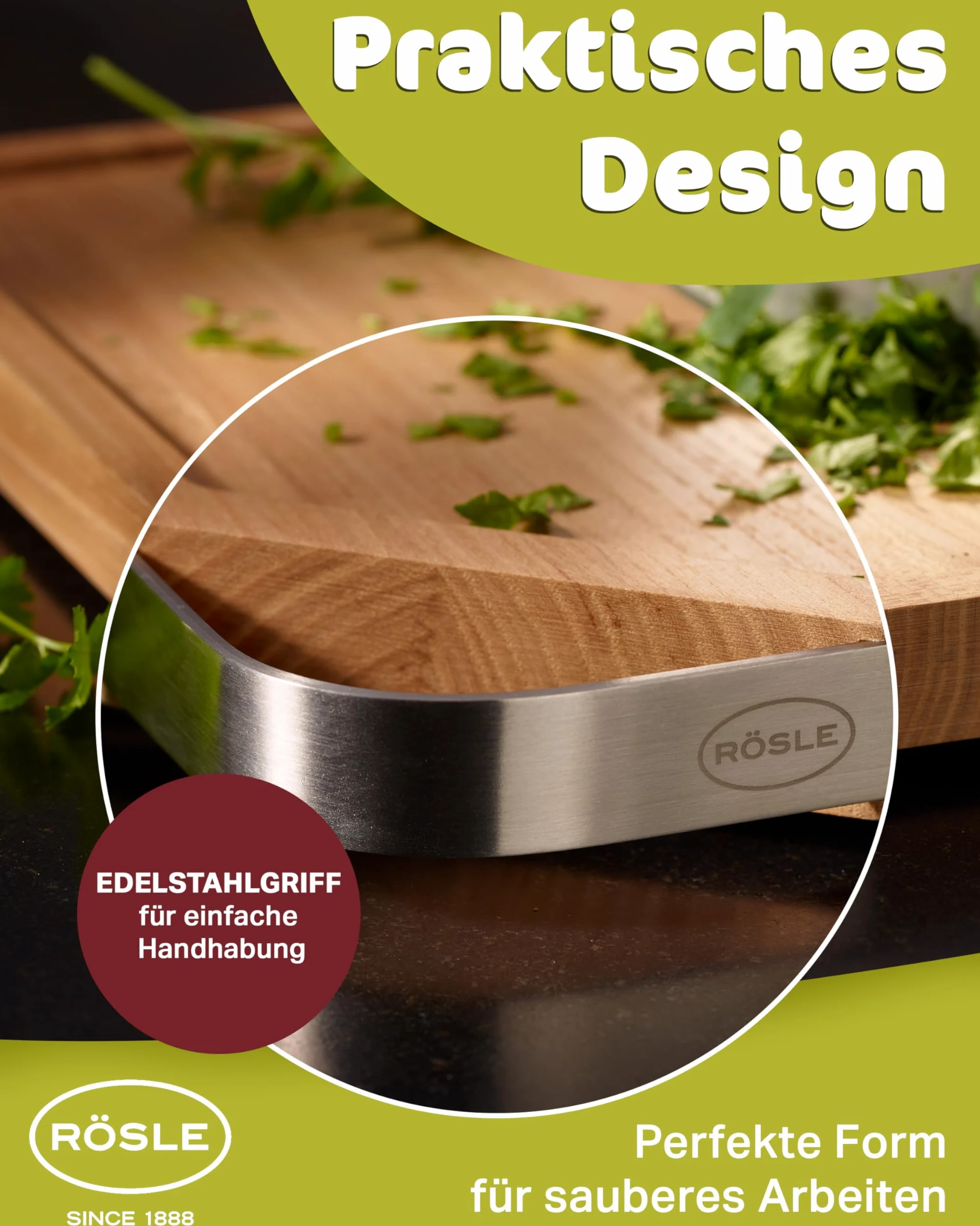 RÖSLE Planche à découper, support de découpe de haute qualité pour la cuisine pour une utilisation universelle, planche à servir, bois d'orme, acier inoxydable 18/10, 36 x 24 cm