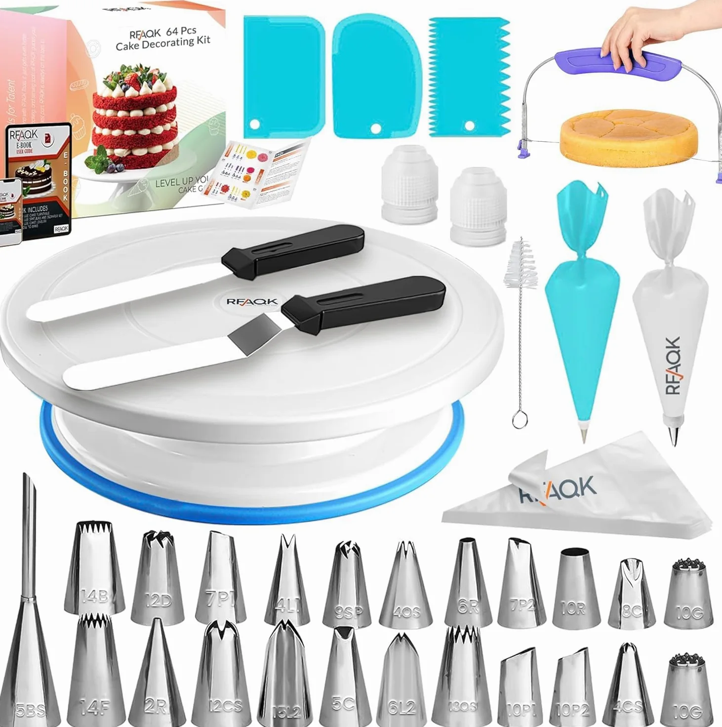 RFAQK Kit de décoration de gâteaux 65 pièces avec plateau tournant - 24 douilles numérotées avec tableau de motifs et livre électronique - Spatule droite et décalée - 30 poches à glaçage - 3 grattoirs