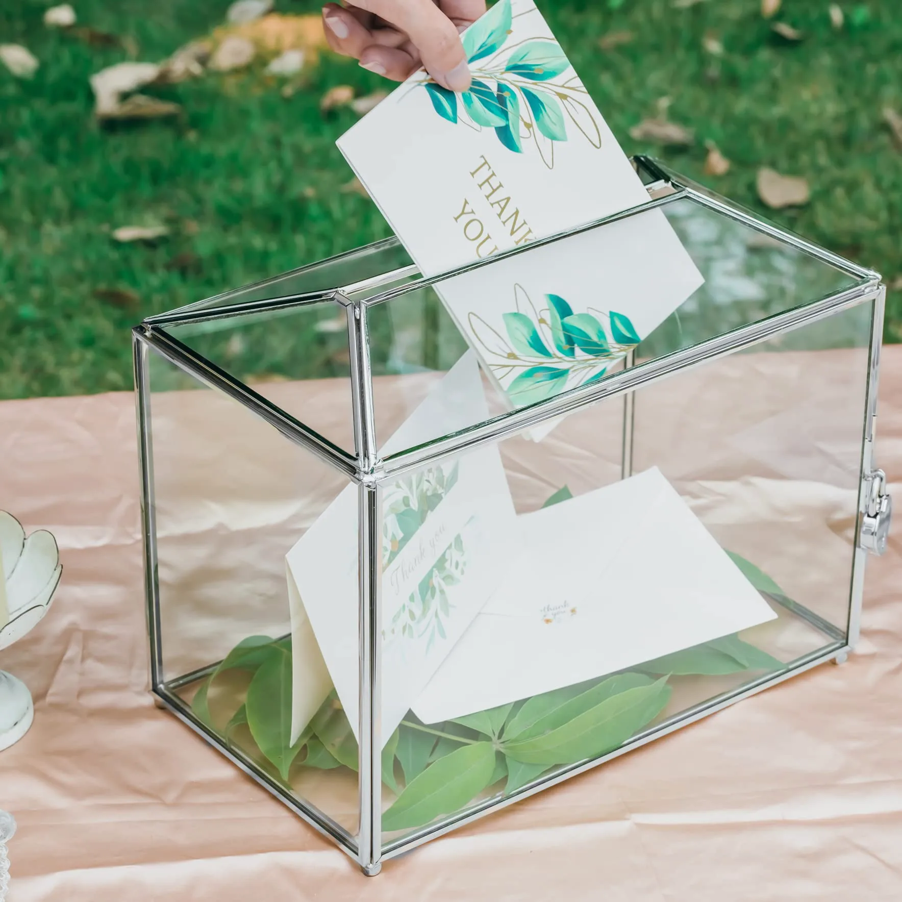 NCYP 26cm Boîte à Cartes en Verre de Mariage avec Fente et Serrure, Géométrique Argent Faite à la Main pour les Réceptions de Fête D'anniversaire (Boîte en Verre et Serrure Uniquement)