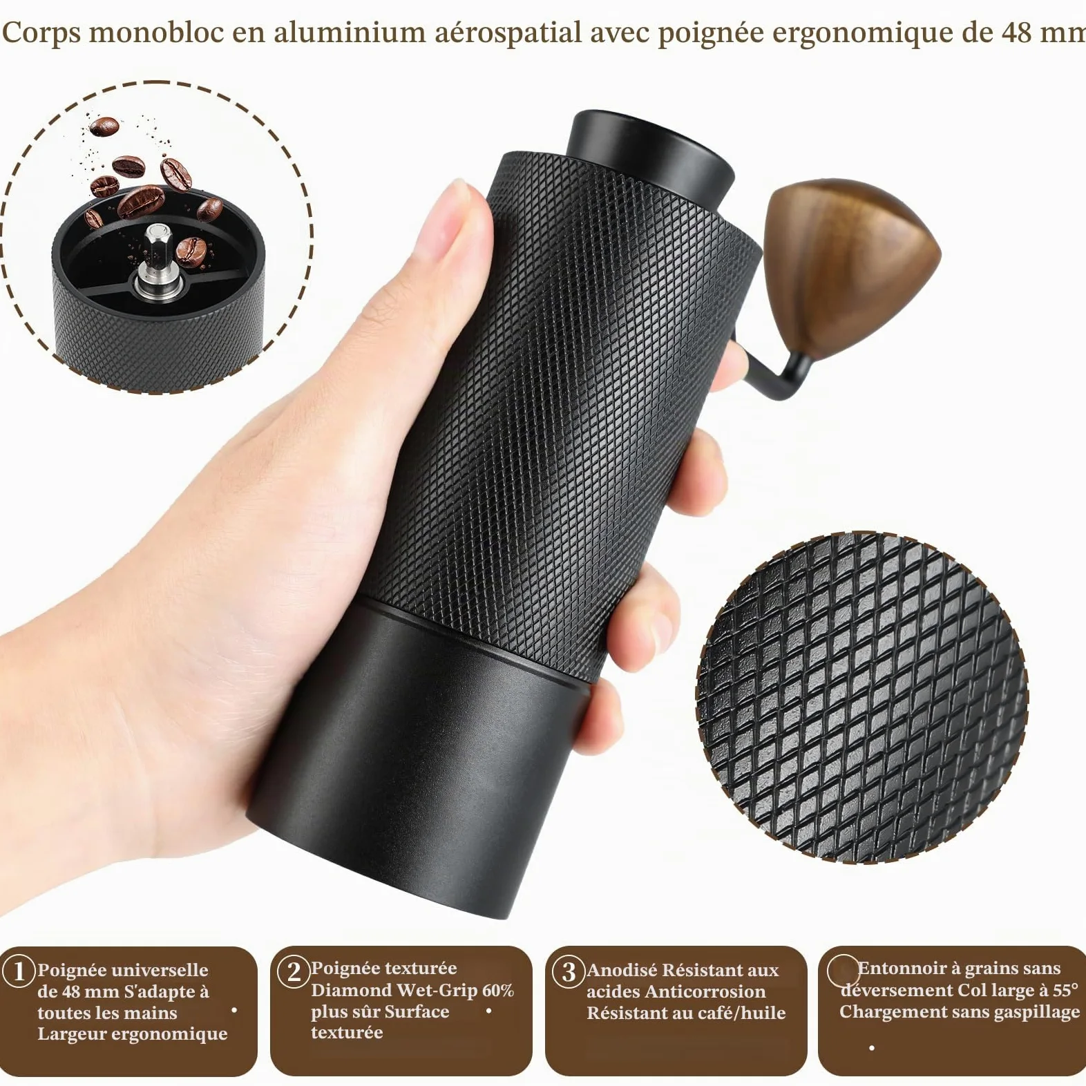 Moulin à café manuel ISHEWUDU avec fraise conique en acier inoxydable, moulin à café manuel portable et petit moulin à café pour expresso à presse française