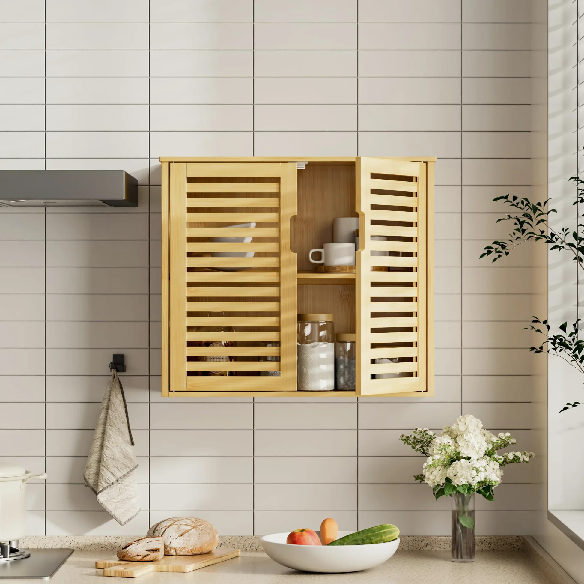 HITNET Armoire Salle de Bain Murale, Armoire à Pharmacie en Bambou 2 Portes avec Étagère Réglable, Meuble de Rangement Suspendu pour Salon, Cuisine et Entrée, Naturel