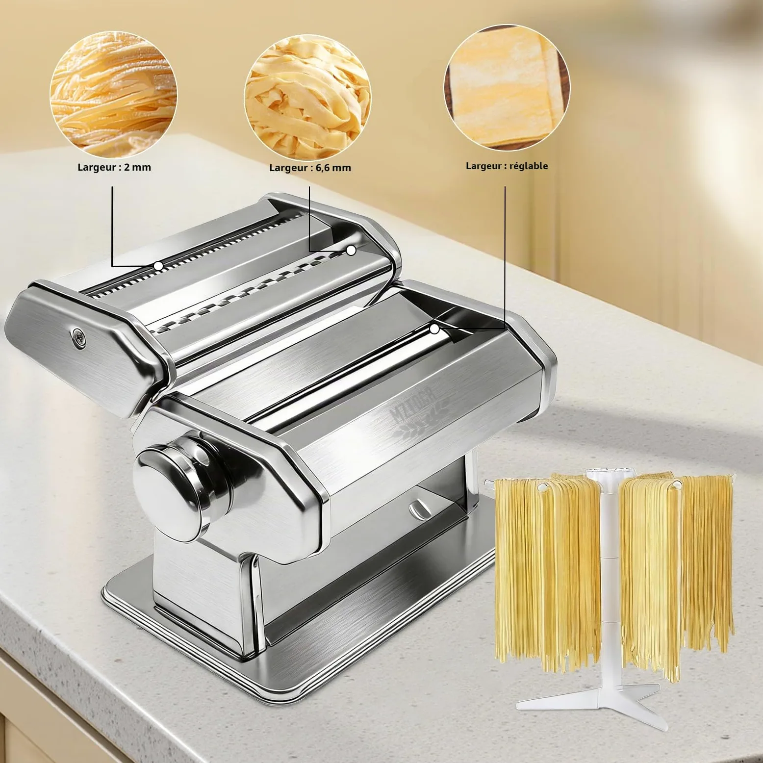 MZTOGR Machine à pâtes et raviolis, lot de 6 pièces en acier de 150 mm avec 9 réglages d'épaisseur réglables, avec accessoire pour raviolis, égouttoir à pâtes