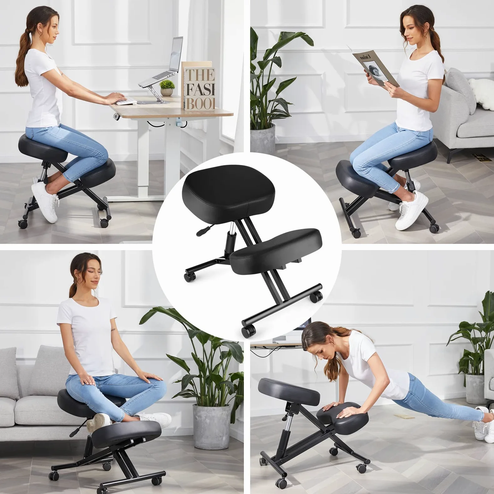 COOCHEER Chaise à Genoux de Bureau Ergonomique, Tabouret Genoux pour la Maison et Le Bureau, Chaise pour Ordinateur avec roulettes, Réglable Hauteur, Structure de Métal, Faux Cuir, Rembourrée