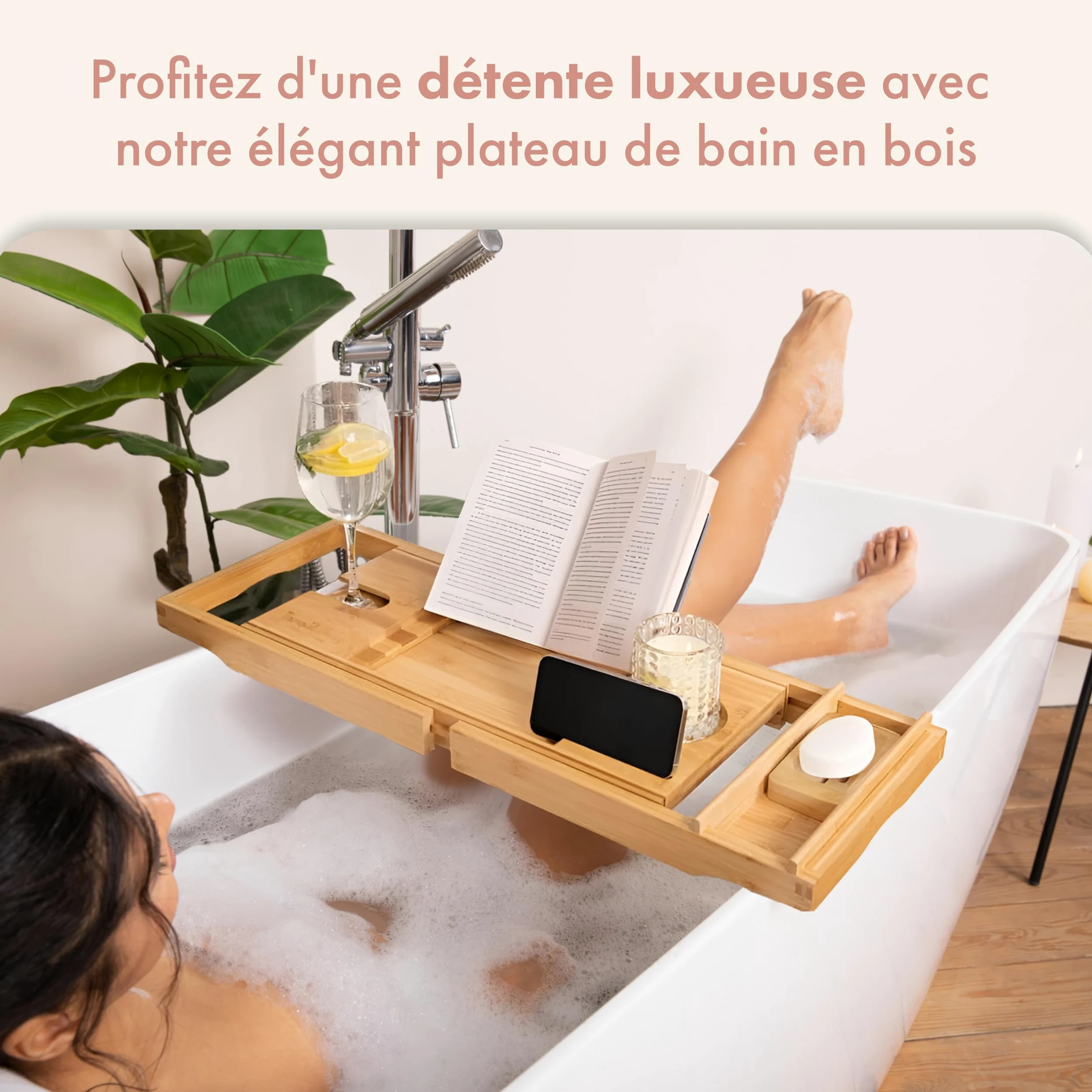 TranquilBeauty Panier de Bain Extensible | Plateau de Bain réglable avec Porte-vin en Bambou Naturel Durable | Planche de Bain en Bois de Luxe avec Support pour iPad, Tablette et téléphone