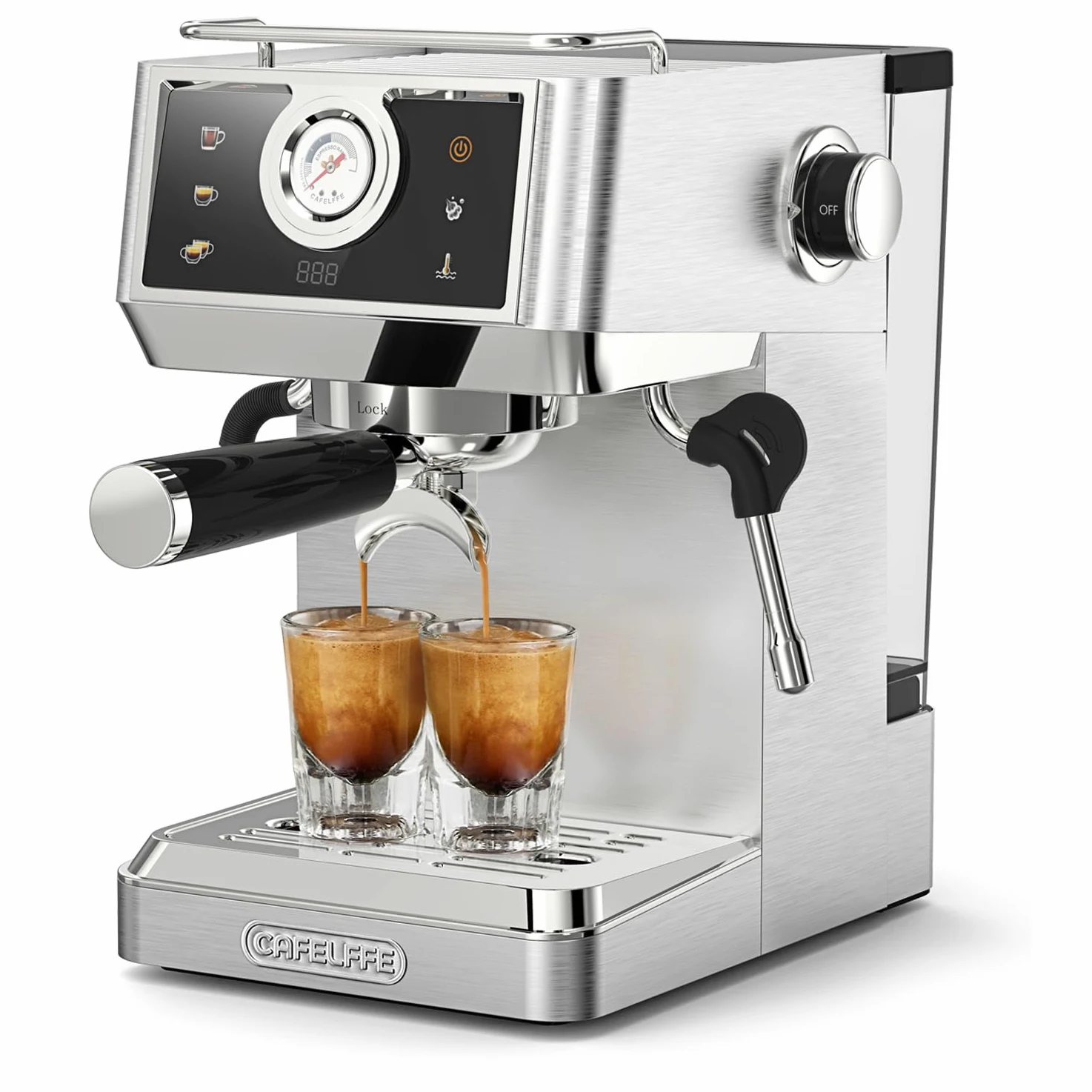 CAFELFFE MK-902 Machine à expresso 20 bars, machine à café entièrement en acier inoxydable, mousseur à lait puissant pour latte/cappuccino, café chaud/froid, réservoir de 1,5 l et 1350 W