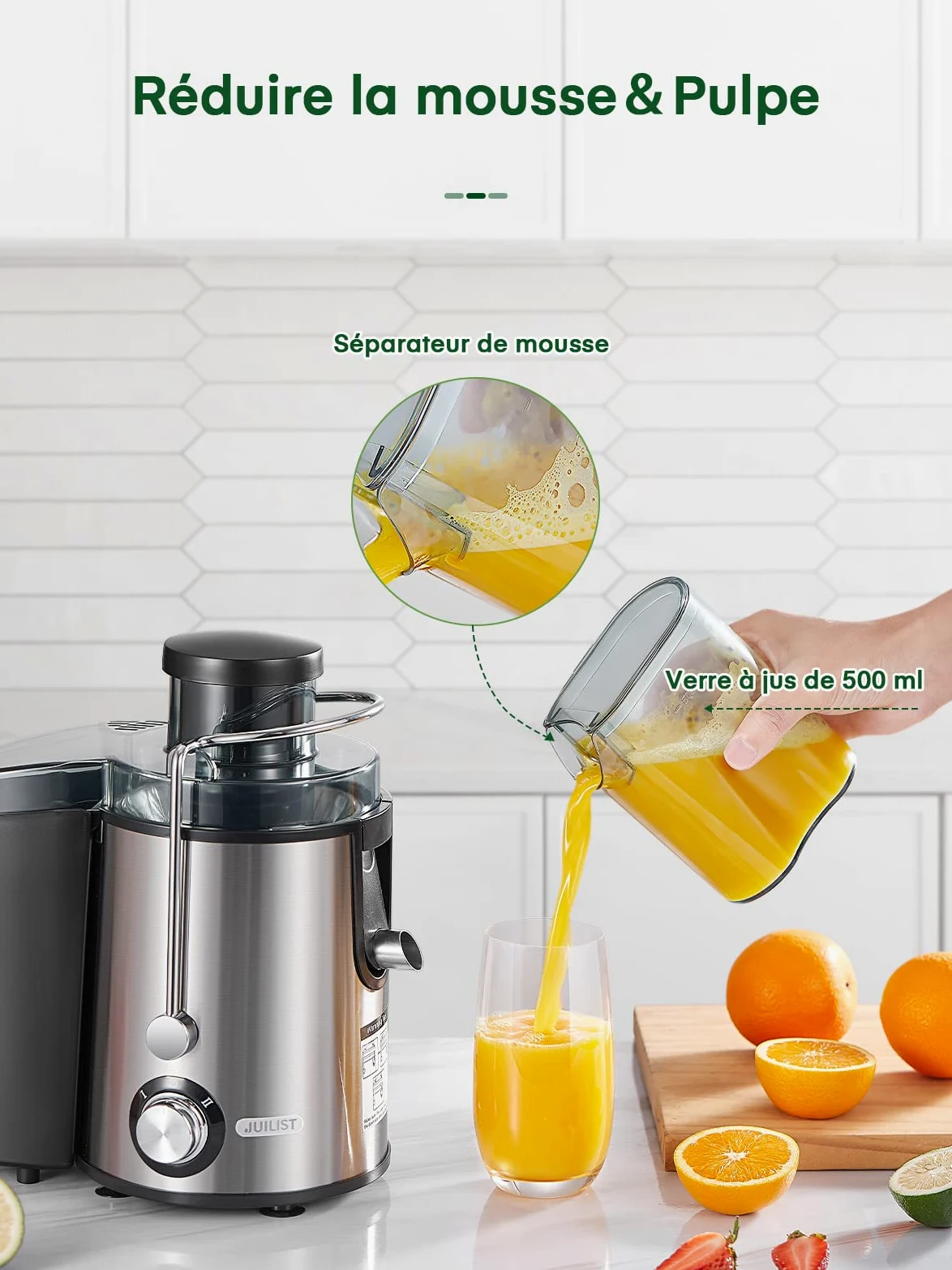 Juilist Centrifugeuse Extracteur de Jus 600W, Acier Inox 304, Fruits et Légumes, Grande Bouche 65mm, 2 Vitesses, Facile à Nettoyer, Brosse & Recette Inclus