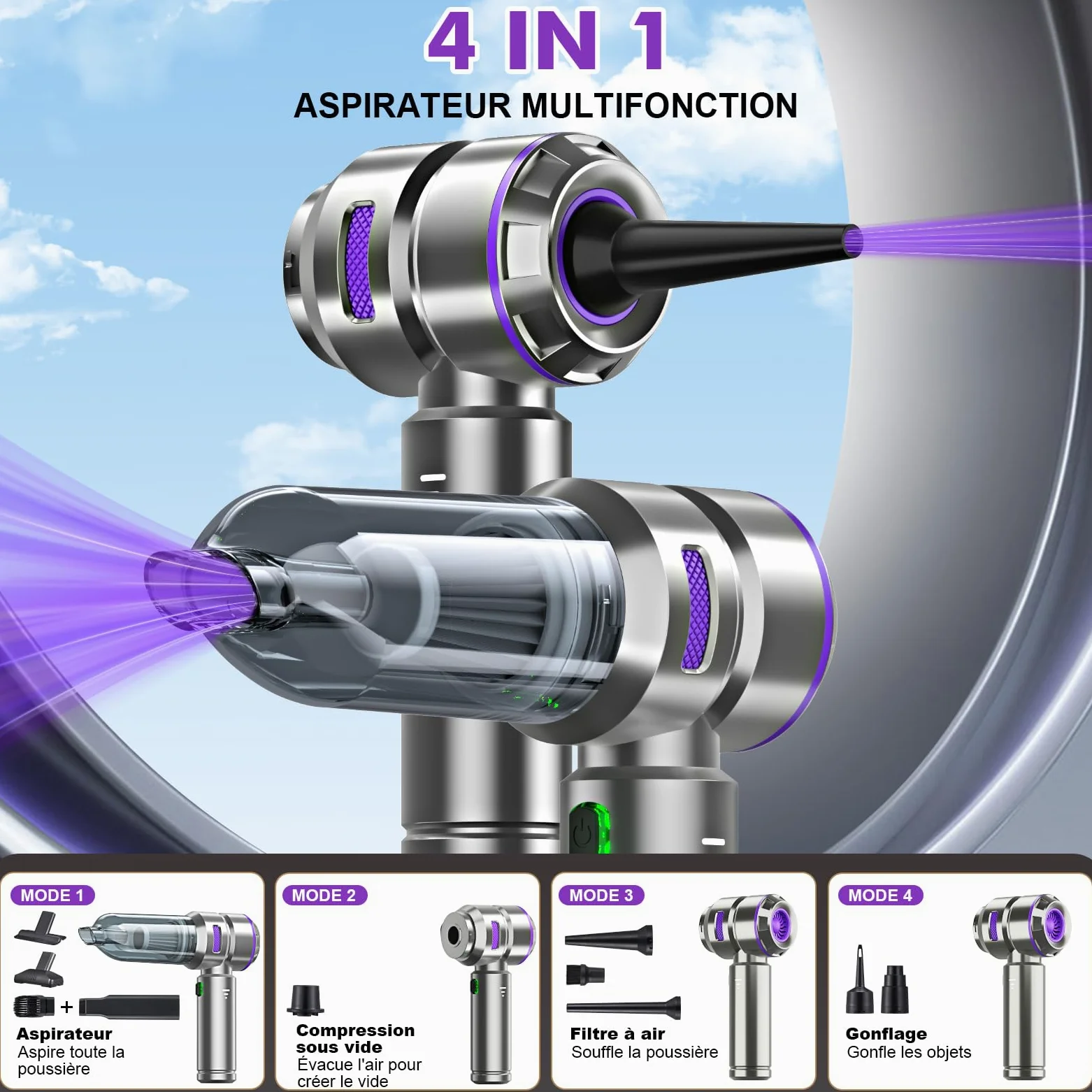 Aspirateur Voiture 4 en 1 Puissant 28000 PA Aspirateur à Main sans Fil 3 Vitesses 240 000 TR/Min pour Voiture, Cuisine, PC, canapé, Bureau, Maison et Nettoyage des Poils d'animaux
