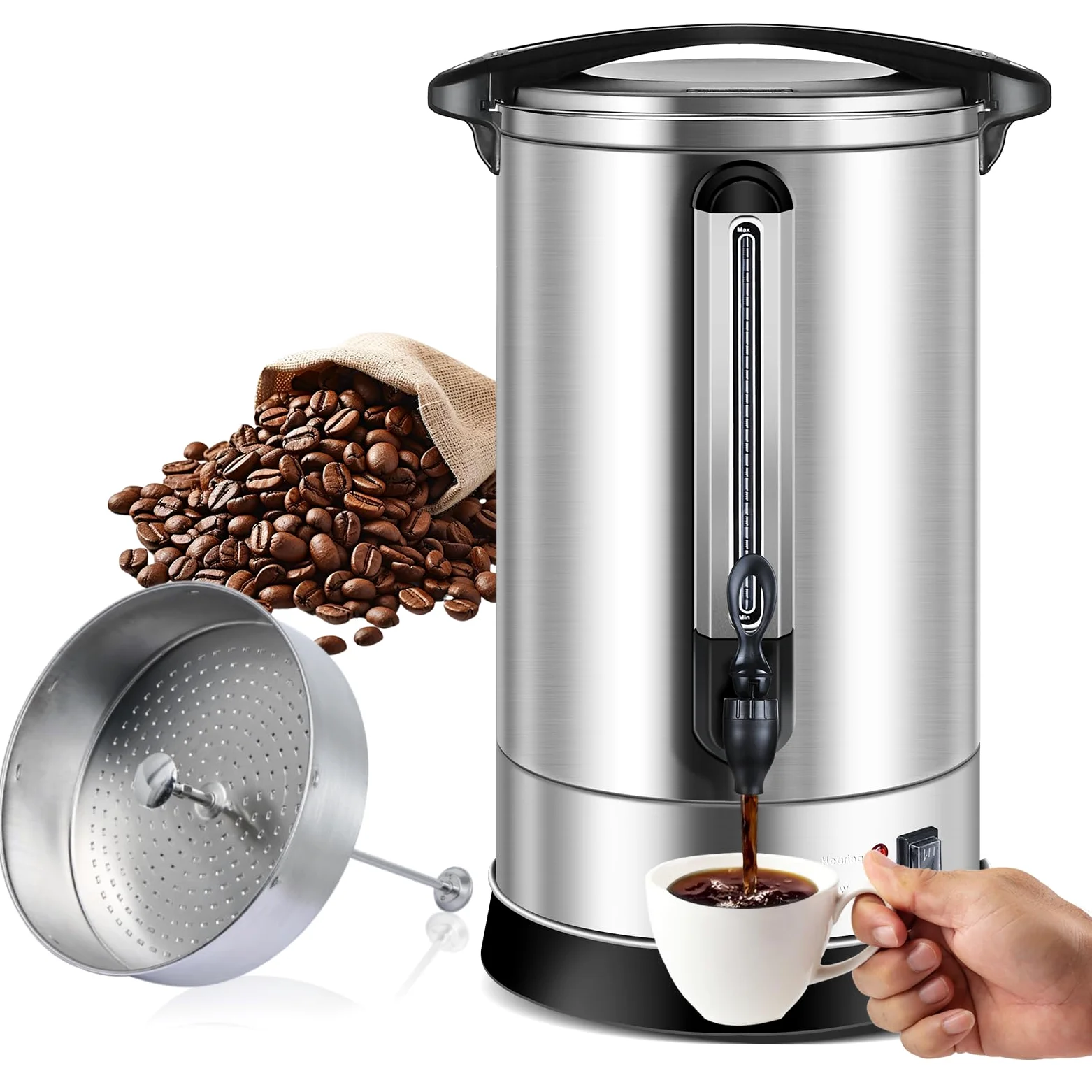 Homtone percolateur à café 120 tasses/18L à double paroi, percolateur industriel avec filtre rond et robinet, distributeur d'Eau Chaude pour Café, Thé, 1500W (Argent)