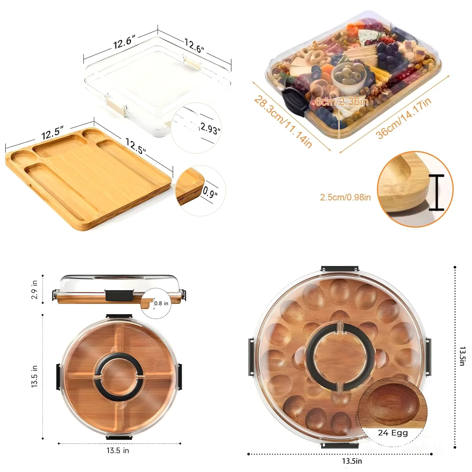 COOLHOOD Plateau à apéritif verrouillable avec tige en polyacrylate - Protection idéale pour les fêtes, les pique-niques, les compartiments séparés - Planches à double usage - Couvercle verrouillable