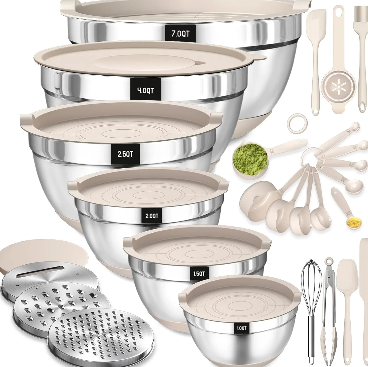 Terlulu Lot de 6 saladiers en acier inoxydable avec couvercle hermétique et fond en silicone, 3 embouts râpes, pour pâtisserie/servir, 6,6 l, 3,8 l, 2,4 l, 1,9 l, 1,4 l, 0,6 l, kaki
