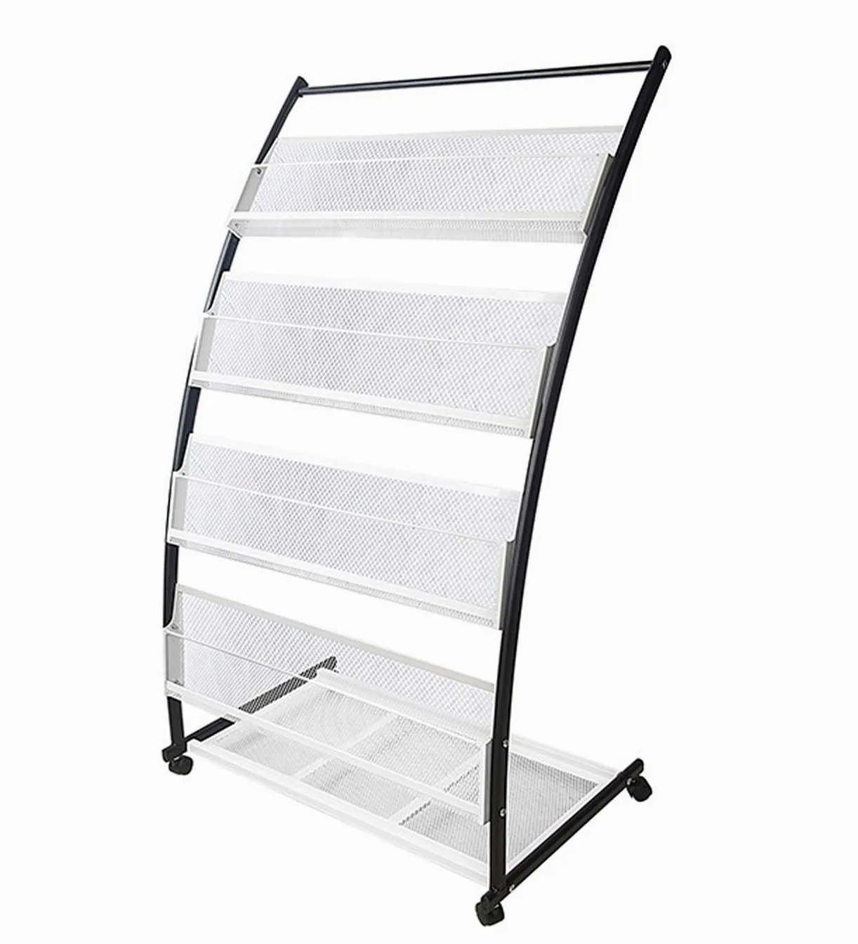 TUKA-i-AKUT Support de Sol à Revues, Porte-revues avec 4 Roues + 4 Étagères, Présentoir sur Pied à Littérature Livres Journaux Brochures Magazines Revues, en Acier Inoxydable, 60x40x113CM TKD8692