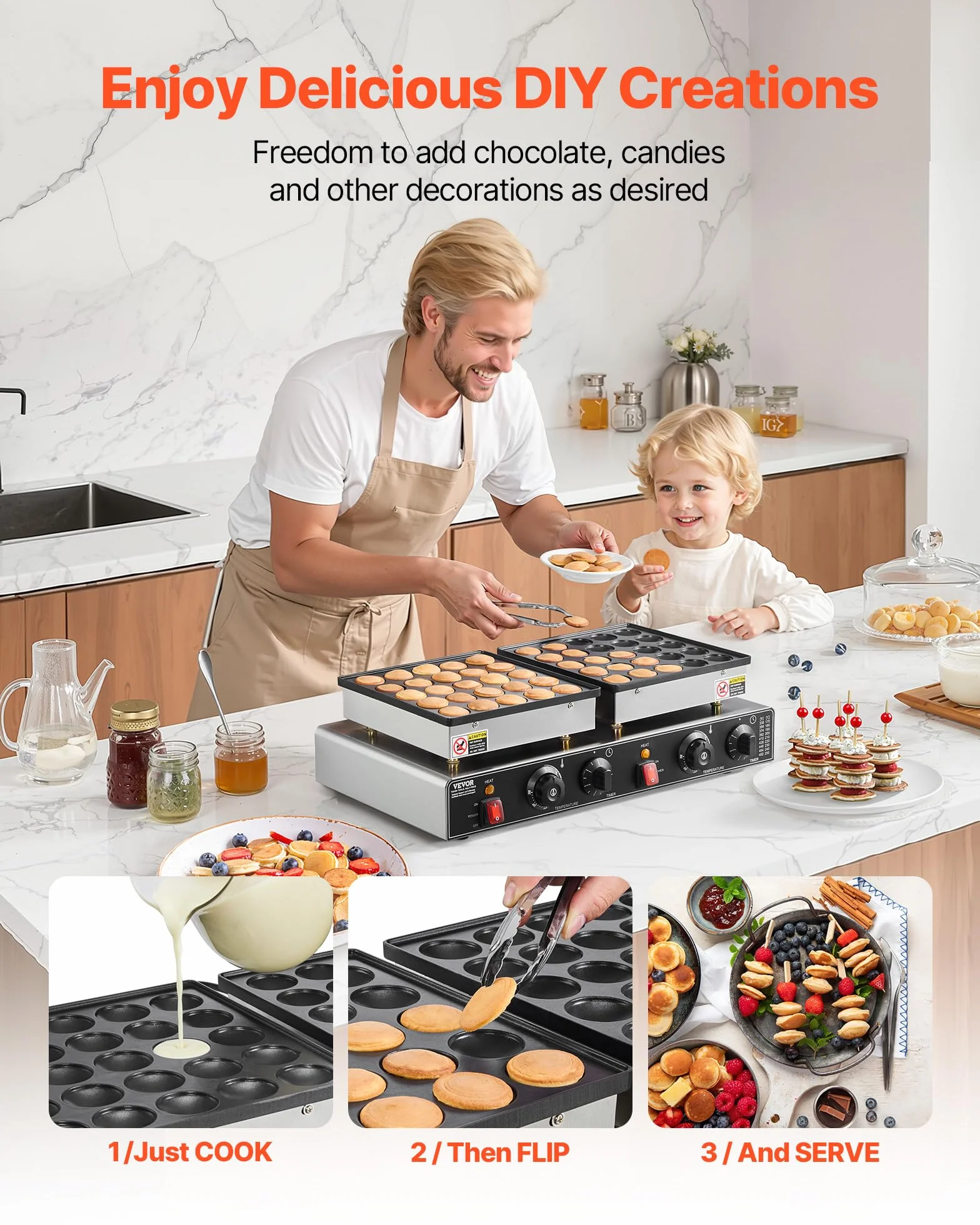 VEVOR Mini-crêpières hollandaises antiadhésives en acier inoxydable, 50 pcs, machine à crêpes Dorayaki électrique commerciale 1800 W, température et temps réglable, pour cuisine, restaurant, dessert