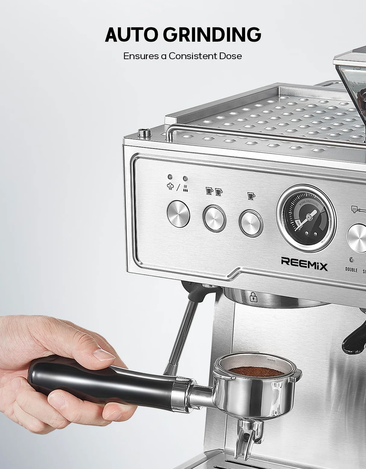 Reemix Machine à Expresso avec Porte-Filtre, Machine à Café 20 Bars avec Moulin Intégré et Mousseur à Lait, 1350 W, Réservoir de 2,8 l, Acier Inoxydable/Argenté, Kit Barista (54 mm Porte-Filtre)