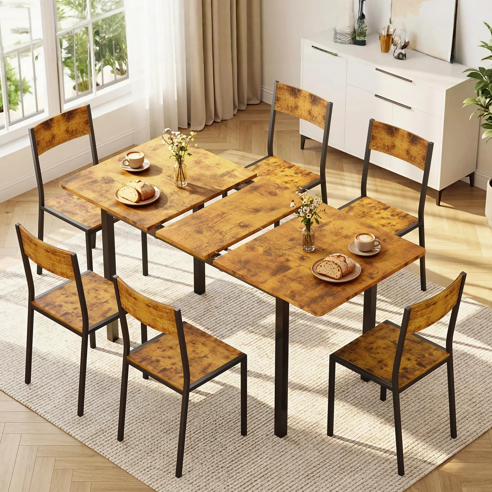 Xbro Ensemble Table à Manger 6 Personnes Extensible avec 6 Chaises, Gain de Place, Structure Métal Stable, Montage Facile, Cuisine Salle à Manger 110–140 cm