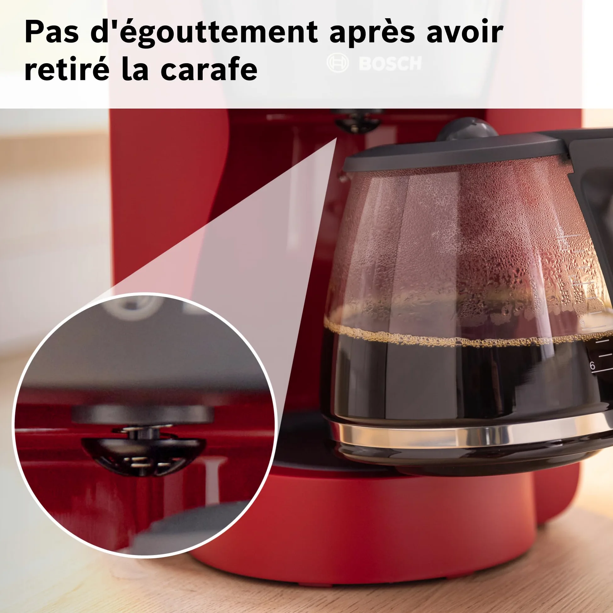 Bosch, machine à café filtre, MyMoment, réservoir d'eau amovible, carafe en verre, arrêt automatique, fonction Anti-Goutte, maintien au chaud 40 minutes, rouge foncé, TKA2M114