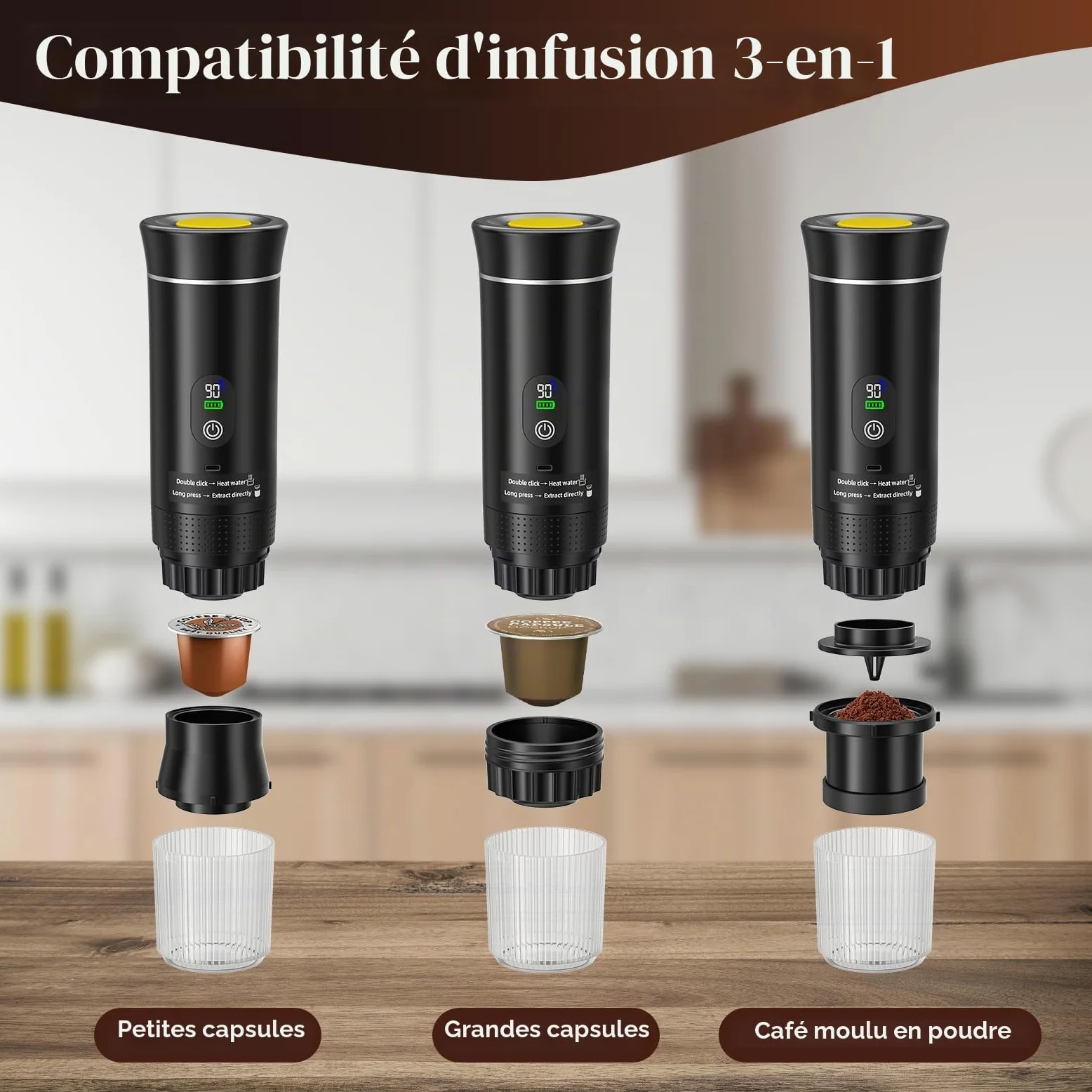 Machine à expresso portable, machine à café électrique 3 en 1, machine à café de camping, mini auto-chauffante compatible avec le café moulu et les capsules de café