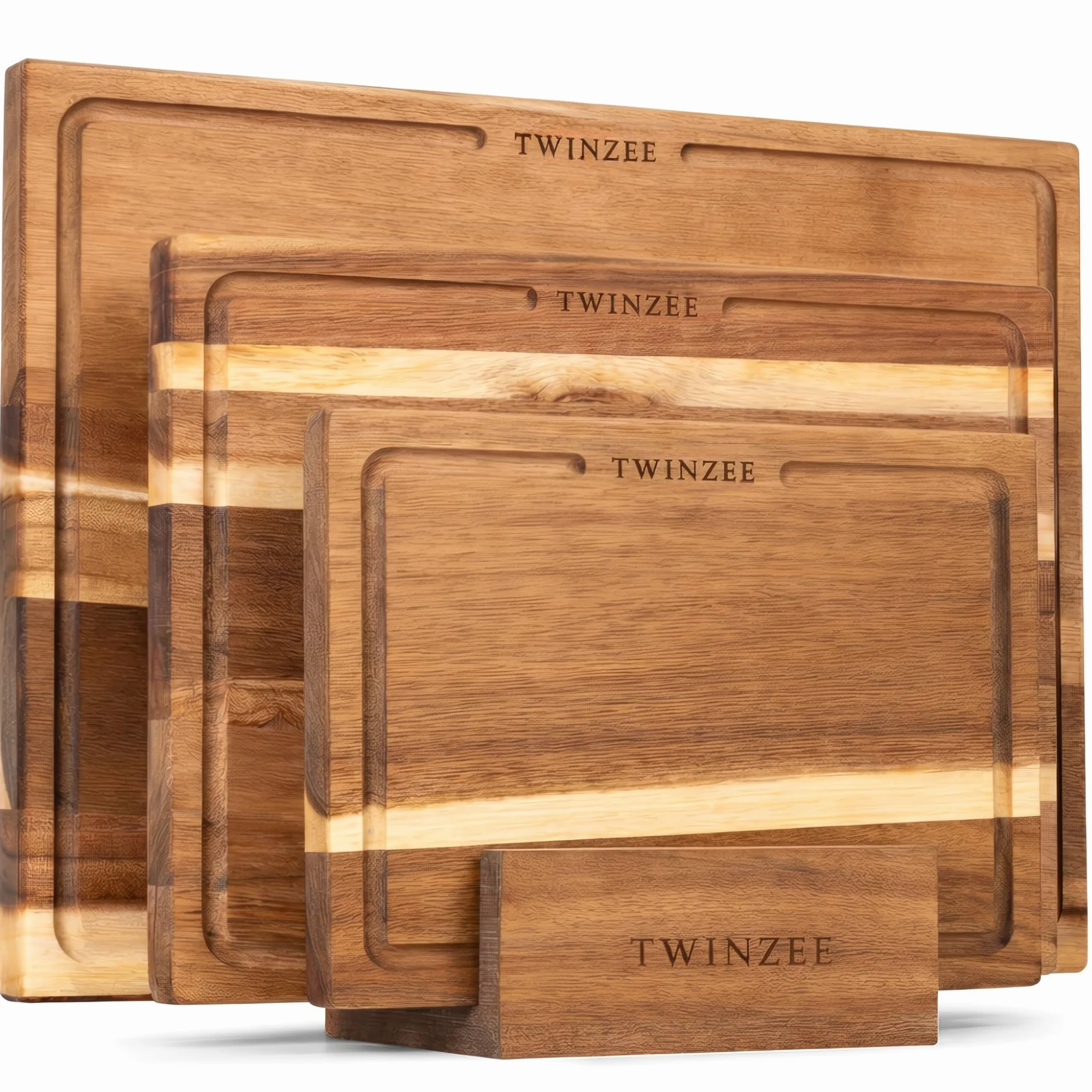 Twinzee 3 Planche a Decouper (40 x 30/33 x 24/26 x 18 cm) en Acacia Massif - Planche a Decouper Bois avec Support, 2cm d'Epaisseur, avec Rainure a Jus