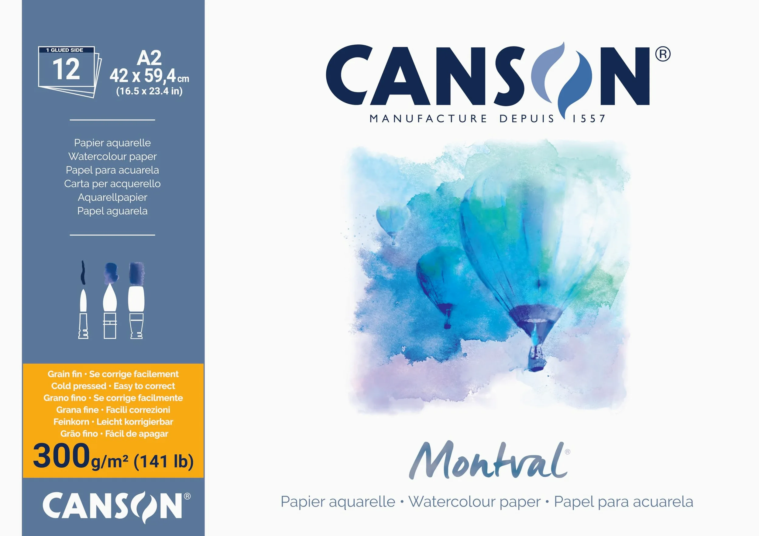 CANSON Montval - Bloc 12 feuilles papier aquarelle grain fin - A2-300g/m², Blanc