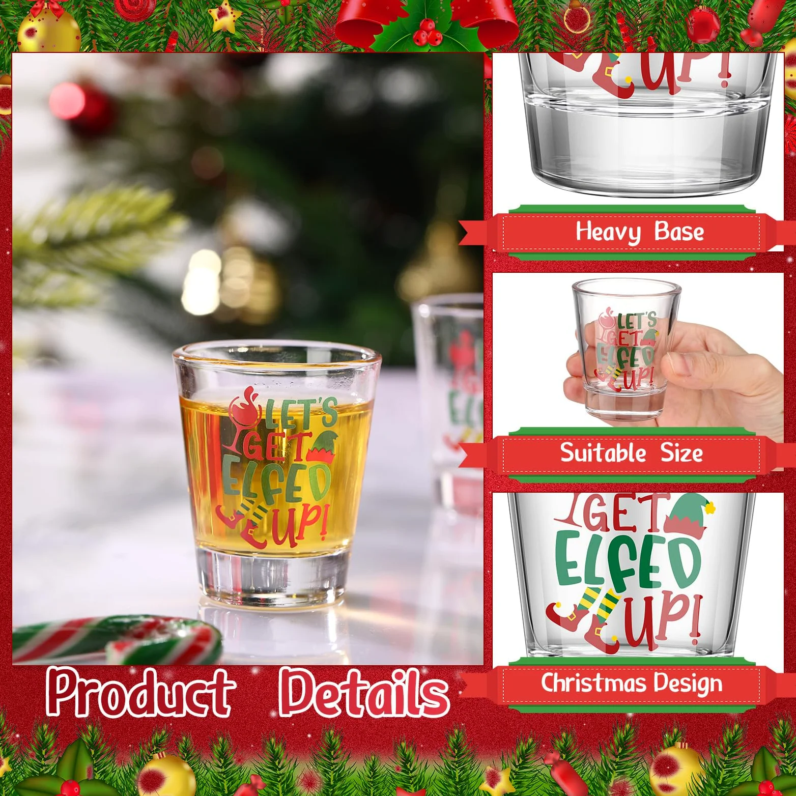 Tioncy Lot de 24 verres à shot transparents de Noël de 56,7 g avec impression « Happy Holiday » - Verres à cocktail amusants et cool pour décoration de table de Noël - Cadeau amusant
