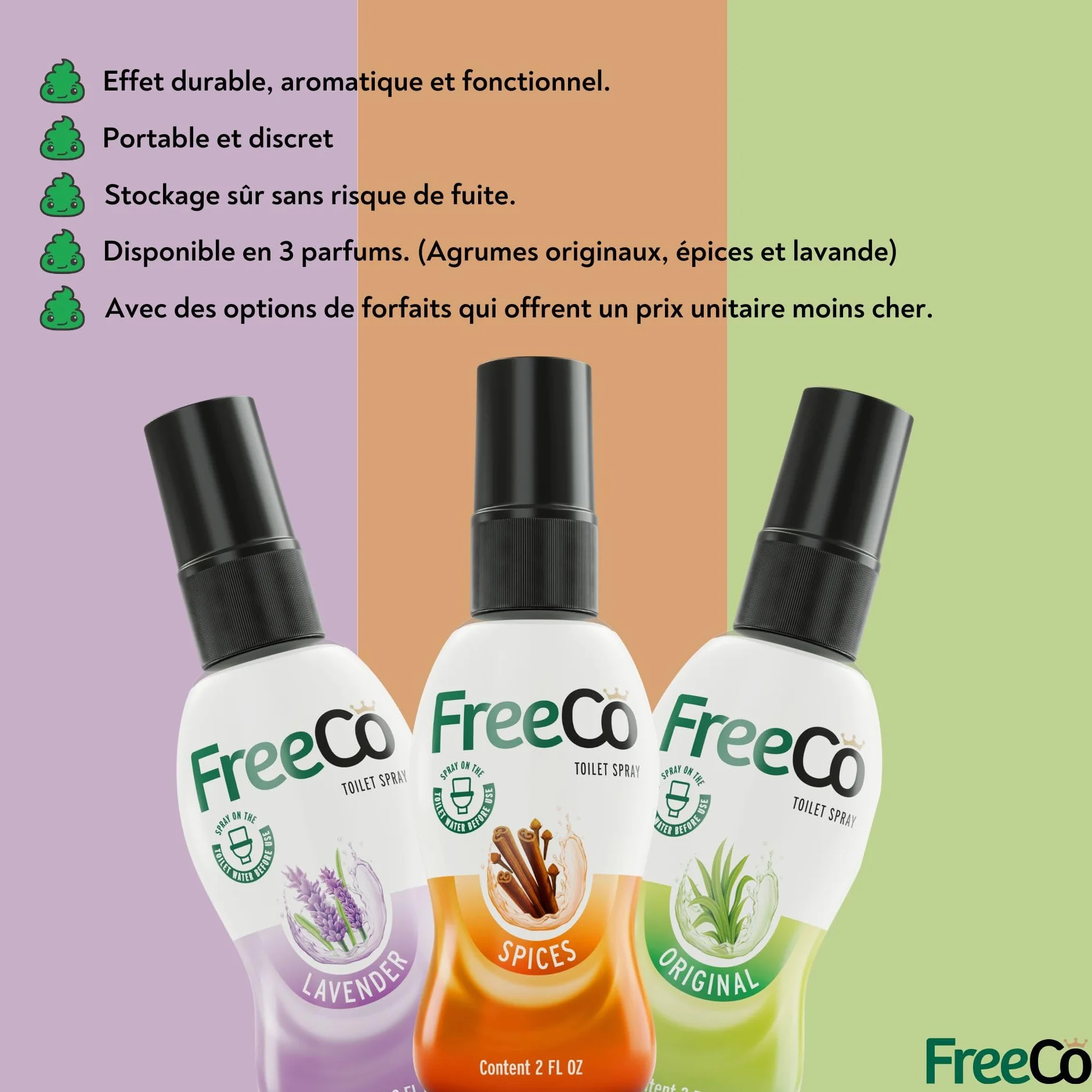 Freeco Anti-Odeur WC (Before You Go) - Spray aux Huiles Essentielles Naturelles. Idéal pour Maison, Bureau, Resto et Voyage. Pack hyper économique de 12x60ml, Parfum Épices