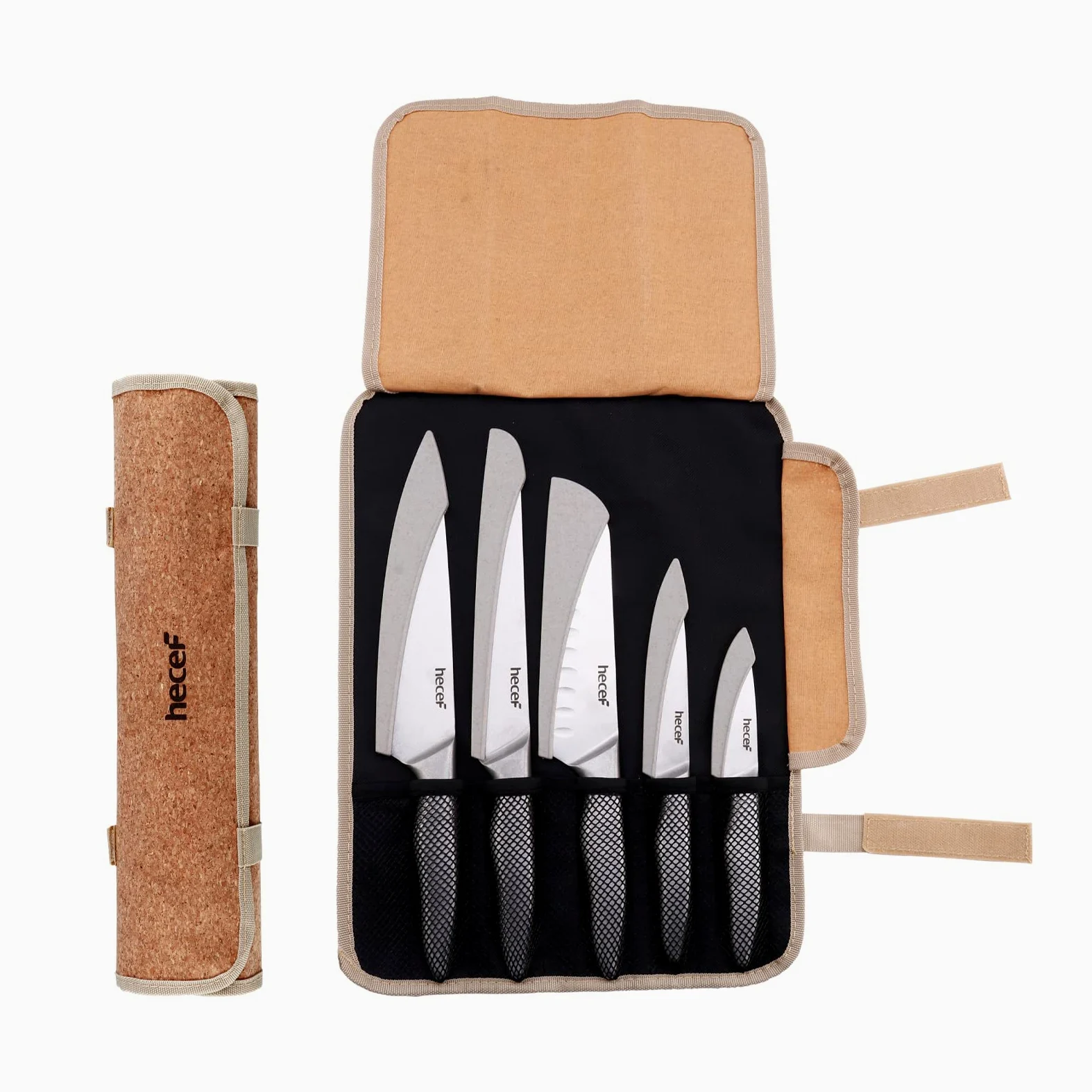 hecef Couteau Cuisine Professionnelle, 5 Pièces Set Couteaux de Cuisine en Acier Inoxydable & Sac De Rangement Portable pour Randonnée,Camping, Activités Intérieures et Extérieures