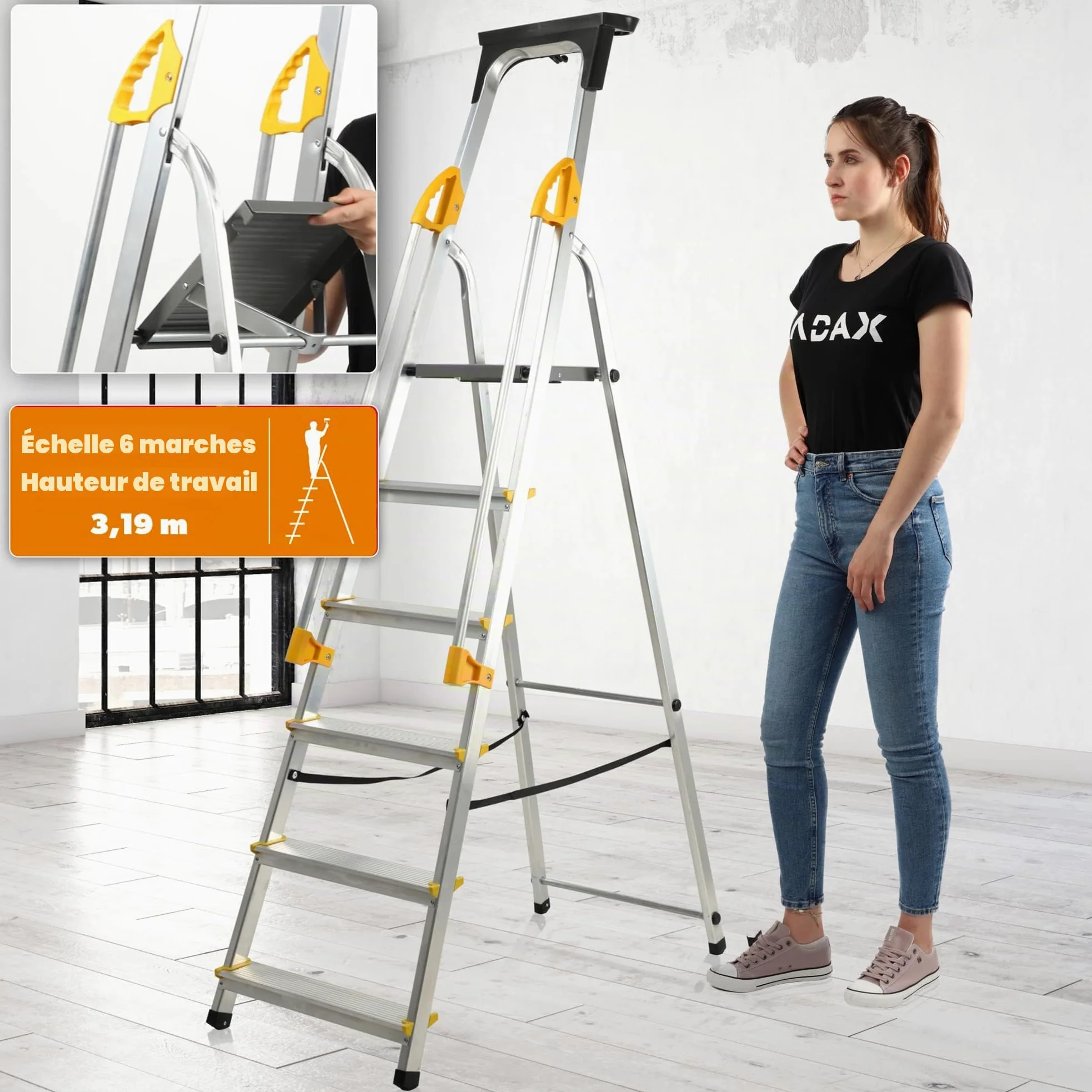 KADAX Échelle en Aluminium avec Une Capacité de Charge de 150 kg, Escabeau avec Conception Robuste pour Travaux Domestiques et Professionnels (6 Marches)