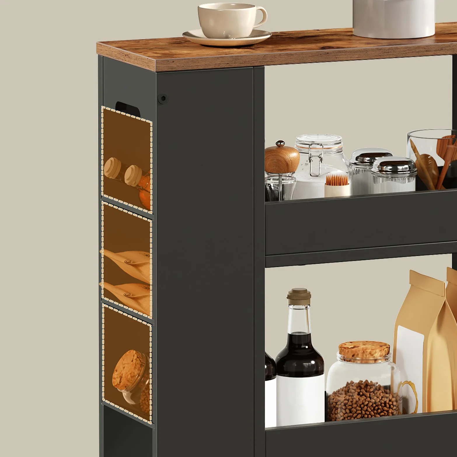 HOOBRO Chariot à 4 Niveaux, 40 x 15 x 85,5 cm, Chariot de Service Étroit avec 4 Roues Pivotantes Verrouillables, pour Petits Espaces, Cuisine, Salle de Bains, Salon, Noir et Marron Rustique EBF84TC01