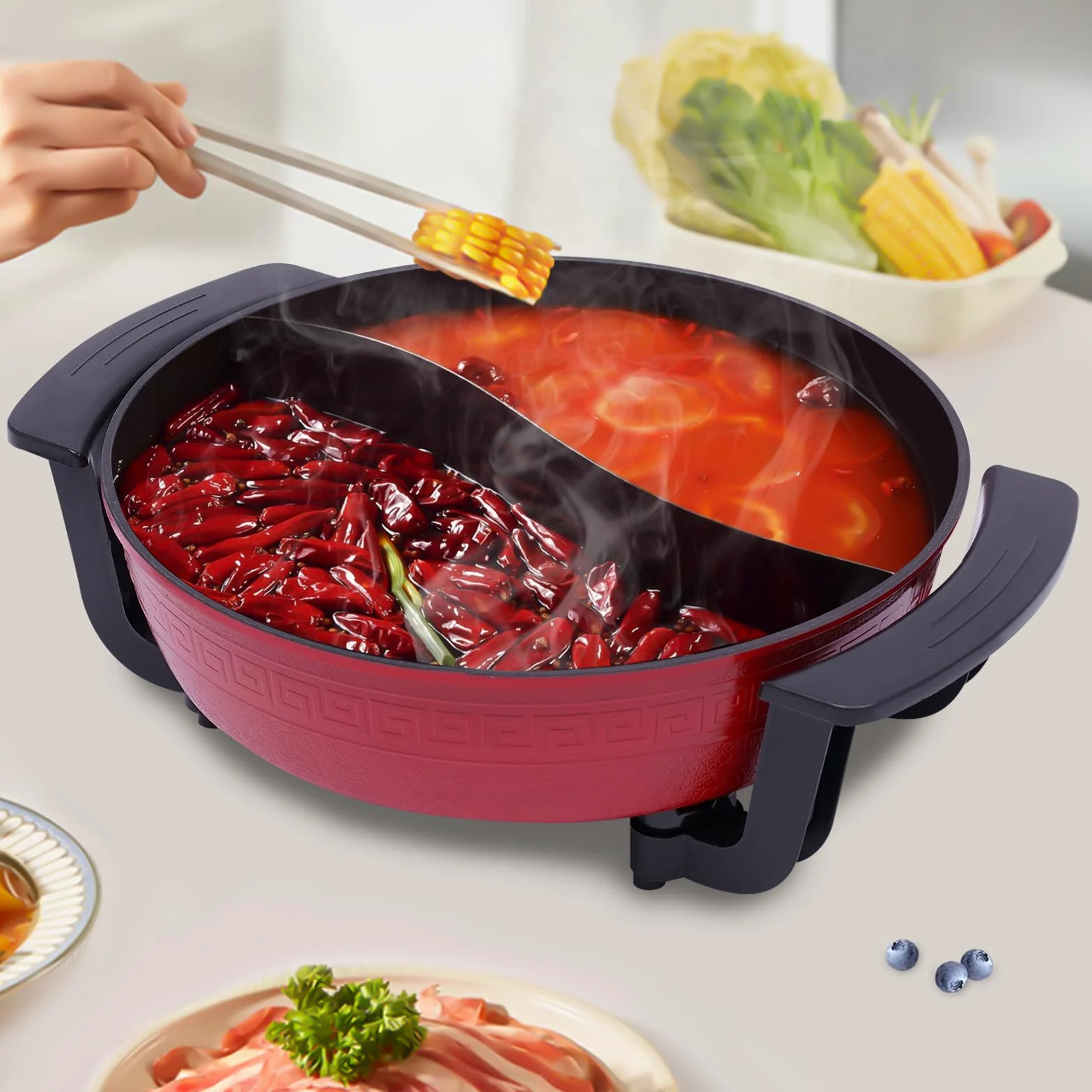 1300W 6L Twin Hot Pot Pot Pot avec couvercle Hotpot électrique 2 Pièces Cuisine Cuisine Outil de cuisine Rouge