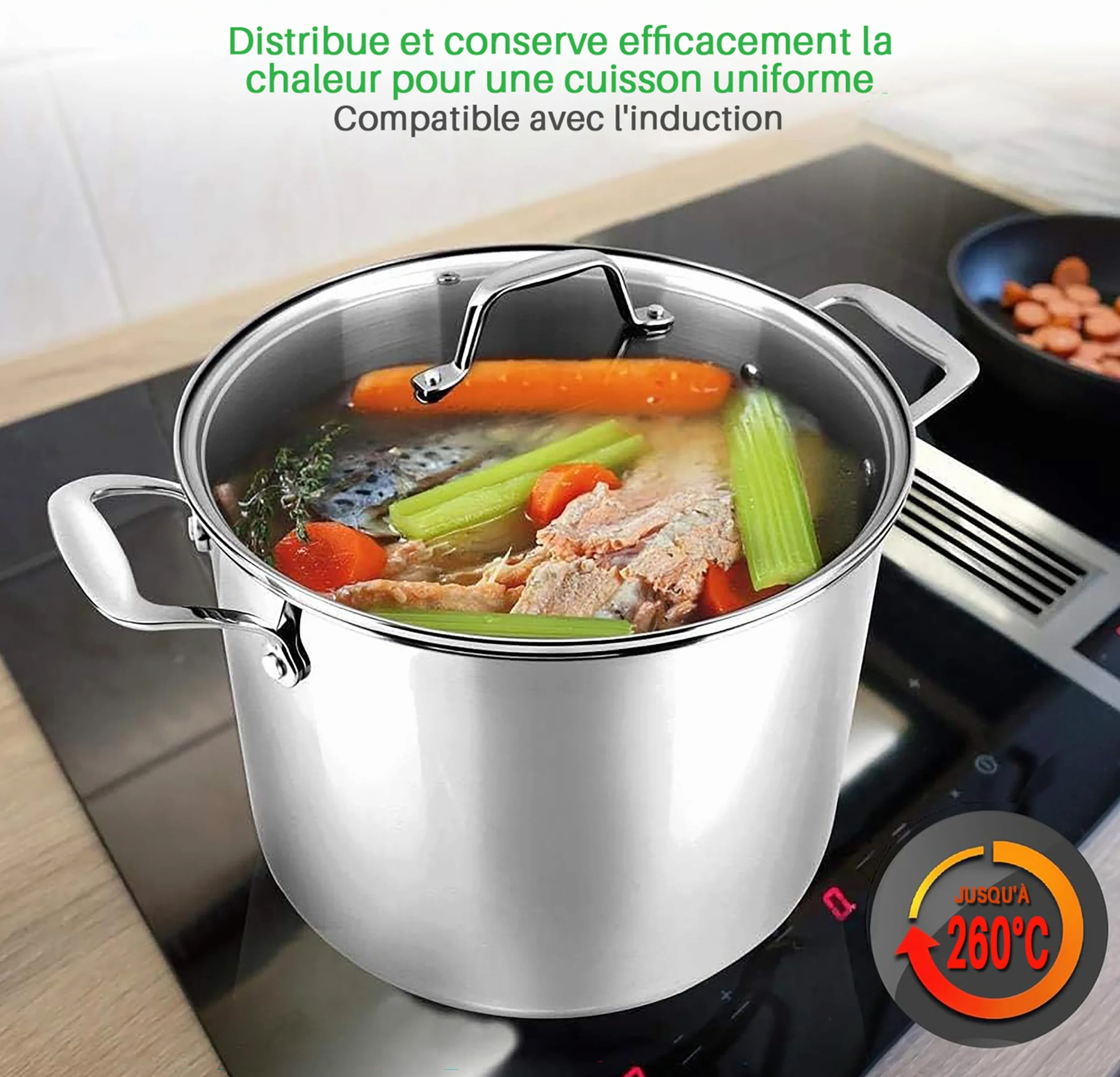 NutriChef Marmite- Faitout Inox de 18 Litres - 18-8 Qualité Alimentaire Résistant Tous Feux- Faitout-Grande Marmite avec Couvercle Transparent, Compatible Lave-Vaisselle