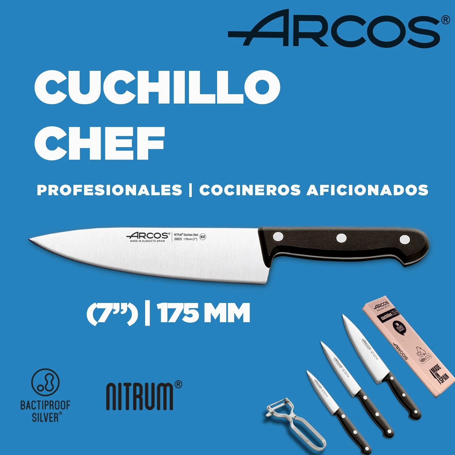 Arcos Jeu de Couteaux de Cuisine Professionnels | Comprend éplucheur de Pommes de Terre | Couteaux de Cuisine Professionnelle et éplucheur Pommes de Terre | 4 pièces Set Couteaux | Manche Noir