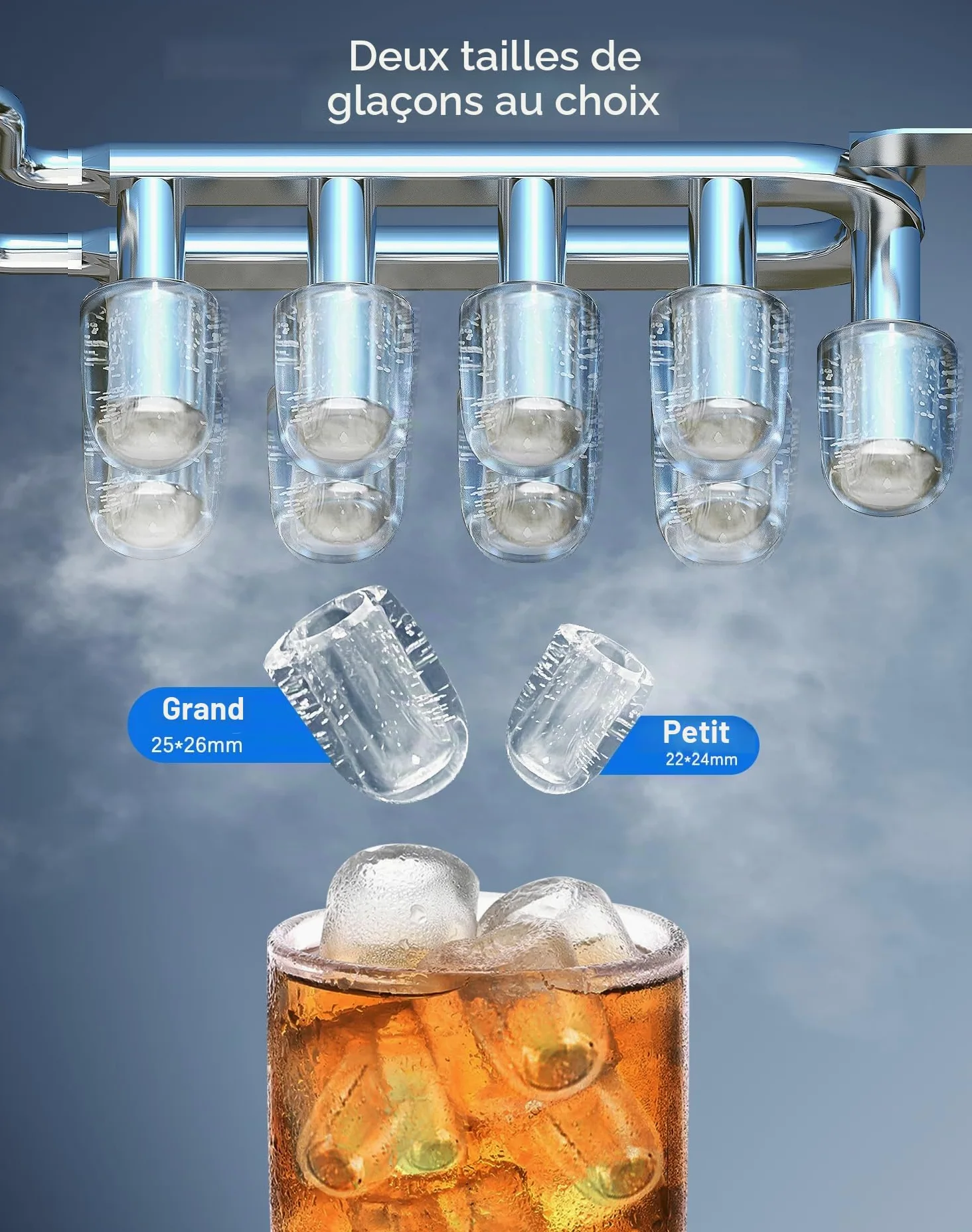 Machine a glacons Acier inoxydable machine a glace machine a glacon avec écran LED et fonction de nettoyage 2 tailles de glaçons 2 litres pour la cuisine le bureau le bar et les fêtes