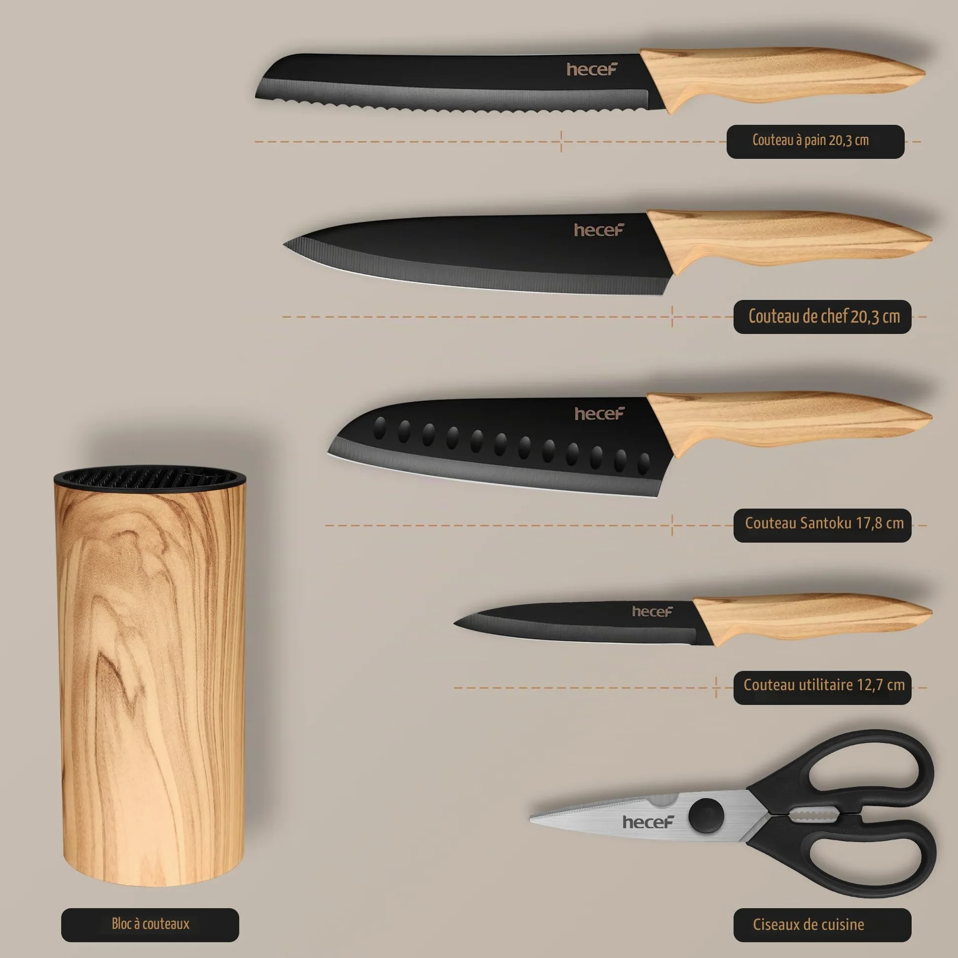 hecef Bloc Couteaux 6 Pièces avec Bloc Universel, Couteaux de Cuisine En Acier Inox, Couteau de Chef & Santoku, Ultra Tranchant, Manches Ergonomiques, Lames Noires Antiadhésives, Maison et les Cadeaux