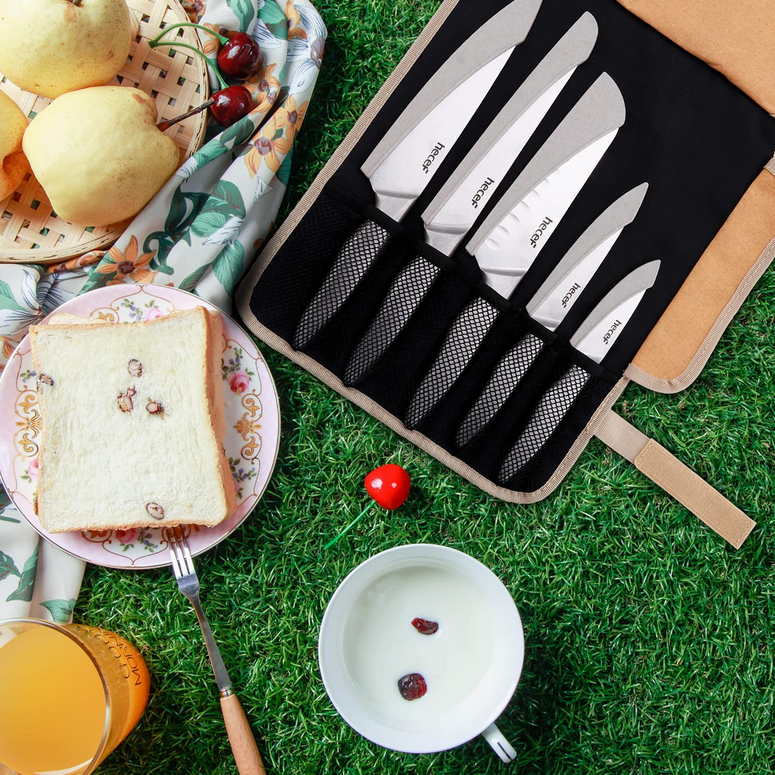 hecef Couteau Cuisine Professionnelle, 5 Pièces Set Couteaux de Cuisine en Acier Inoxydable & Sac De Rangement Portable pour Randonnée,Camping, Activités Intérieures et Extérieures