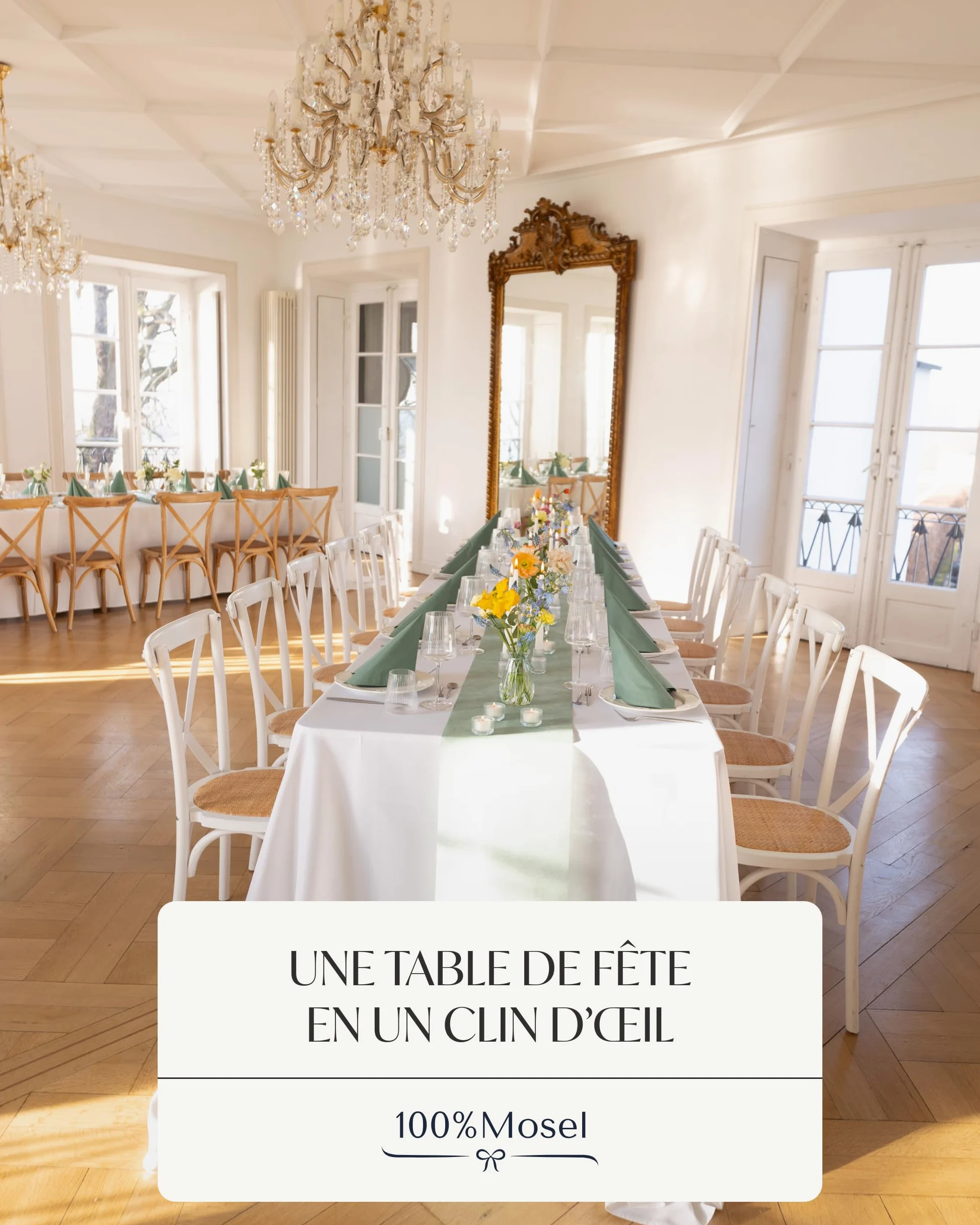 100% Mosel Kit de décoration de table – Vert Eucalyptus (25–50 Invités) | Chemin de Table en Intissé & Serviettes en Papier pour Mariage, Baptême, Communion & Anniversaire