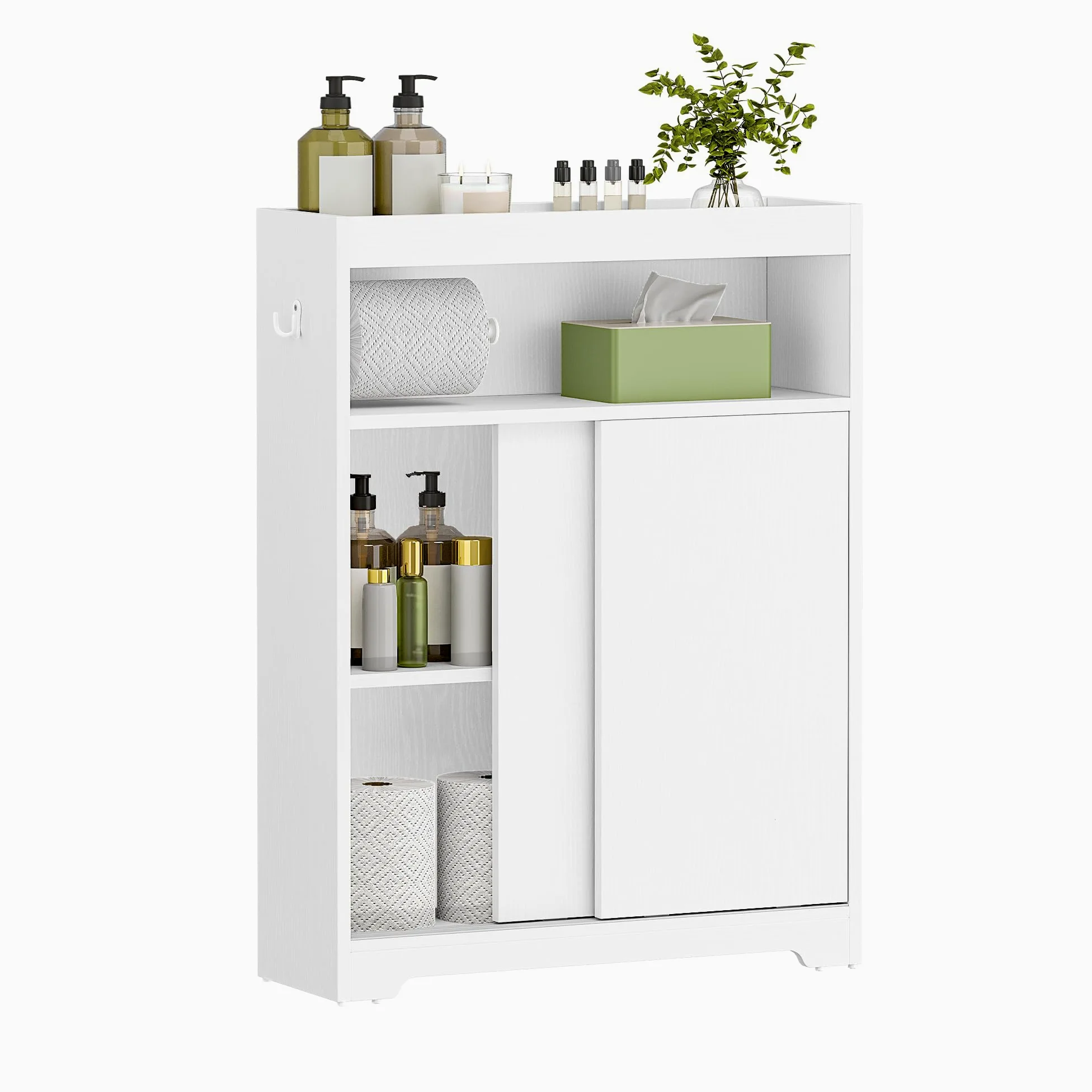 Hzuaneri Meuble de Salle de Bain, Meuble Toilette avec Rangement Papier Toilette et Crochets, Portes Coulissantes, Étagère Réglable, 20 x 60 x 80 cm, Blanc BC62813X