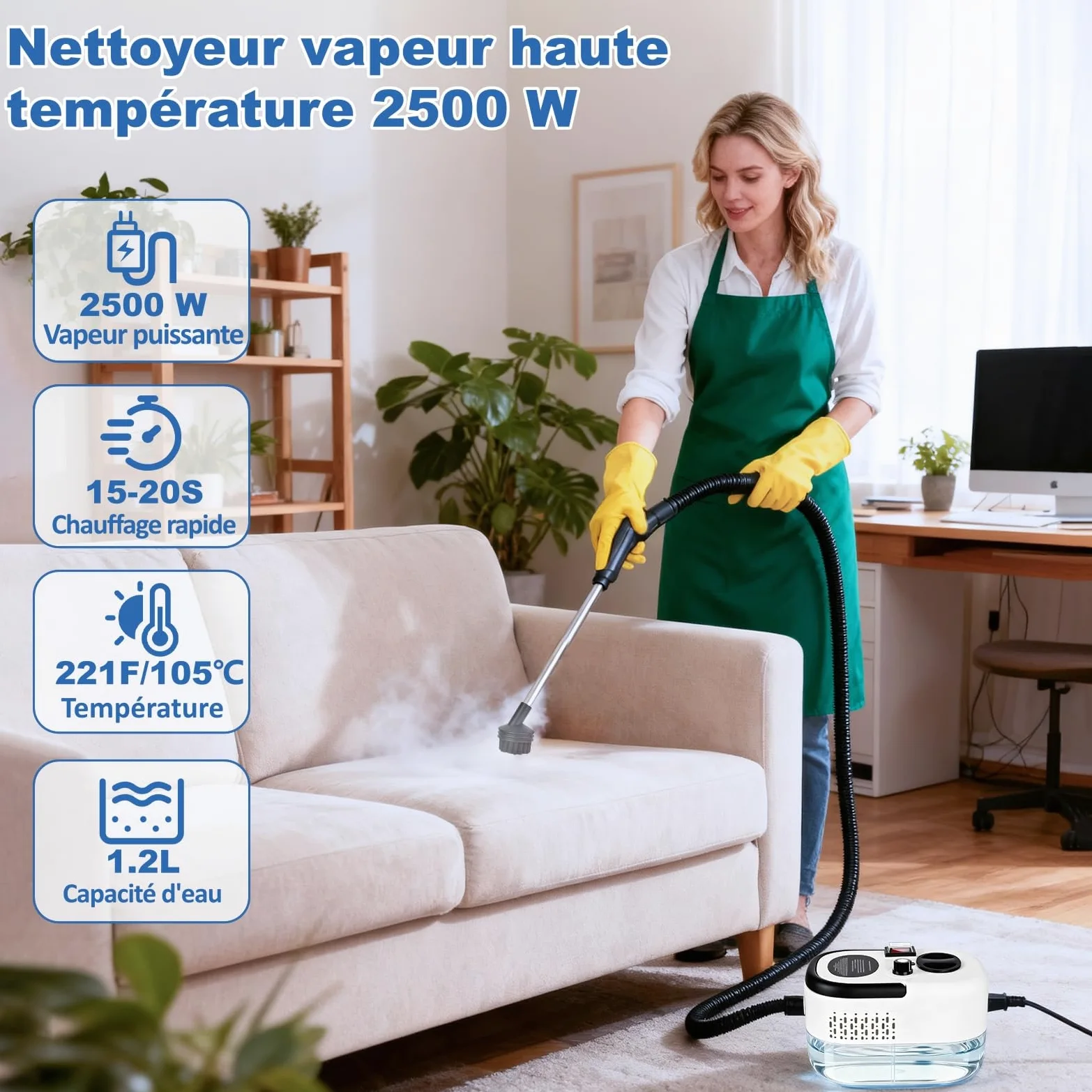 Nettoyeur Vapeur Portable 2500W - 3.5 Bar Pression - 6 Niveaux Réglables - 15s Chauffage Rapide - Réservoir 1200ml - Idéal Voiture, Climatisation, Salle de Bain & Cuisine