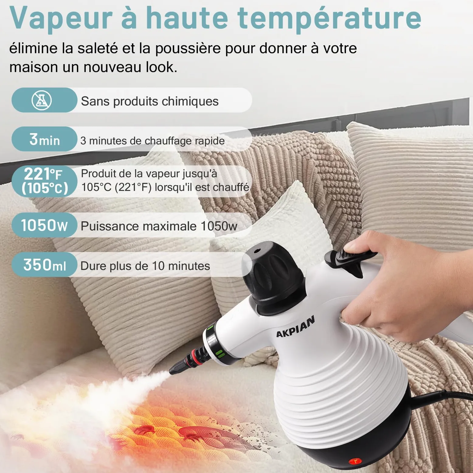 Nettoyeur vapeur à main, nettoyeur vapeur portable, multi-usage, avec serrure de sécurité et kit d'accessoires de 10 pièces pour enlever la saleté, la graisse