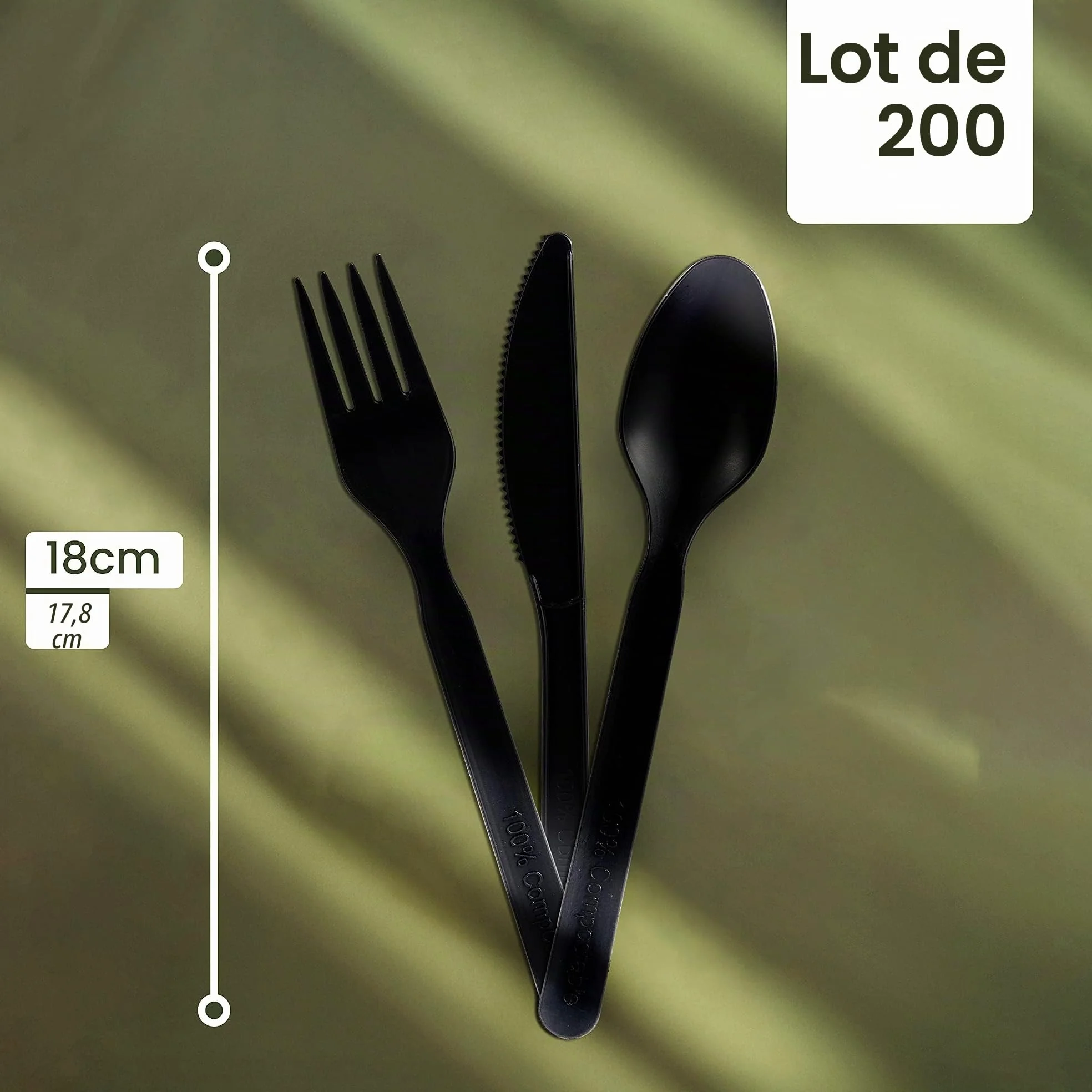 HAAGO 180 Couverts Réutilisables en PLA Noir 18 cm / 7" (60 Fourchettes, 60 Couteaux, 60 Cuillères) – 100% Naturel, Lavables, Compostables, Solides – Pour Repas, Fêtes, BBQ, Buffet, Traiteur