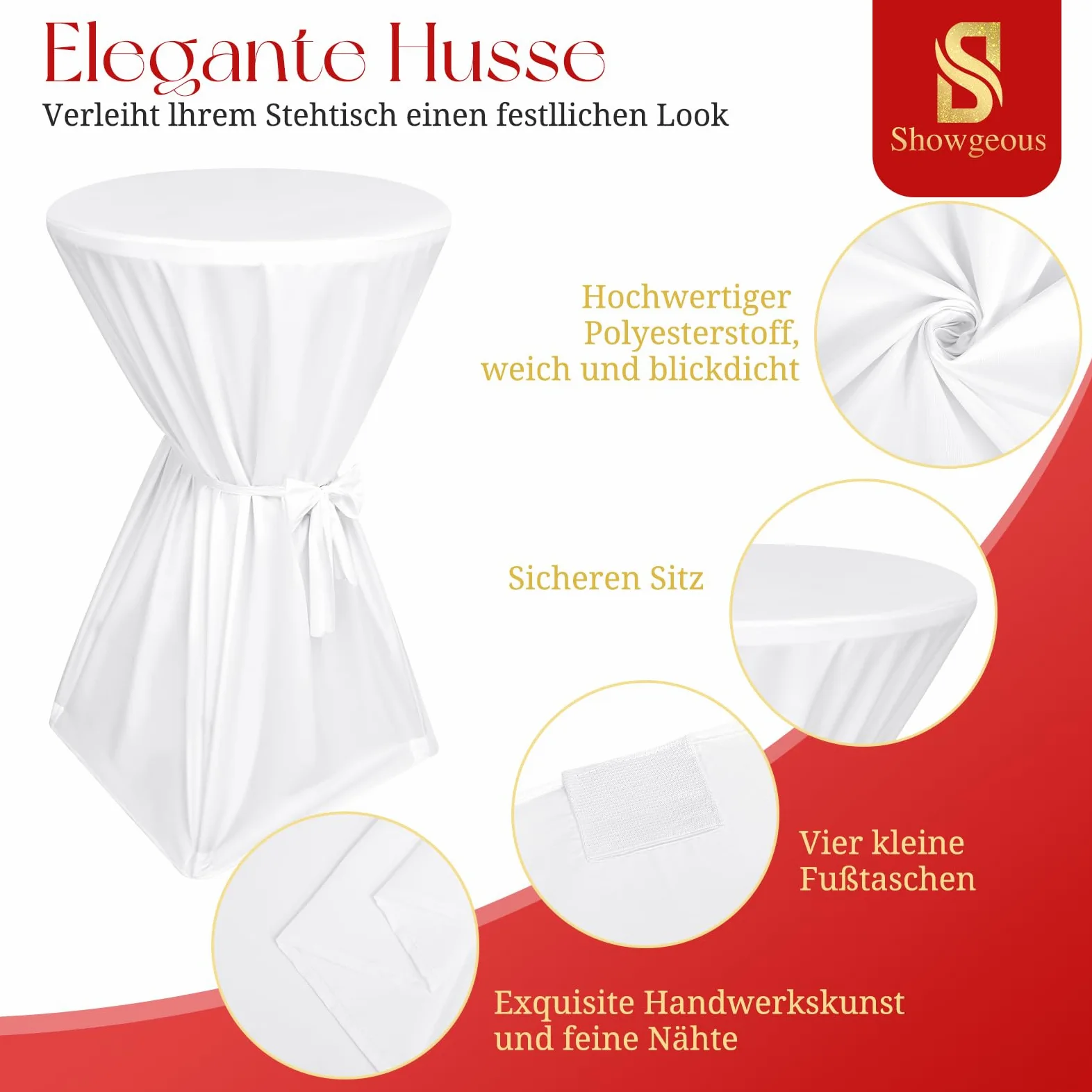 Showgeous Lot de 6 Housses de Table de Bar Premium 60 cm Blanches Housses de Table pour Tables de Bar 60 cm Housse de Table de Bar, Nappe de Table de Bar Antidérapante et Lavable Ruban