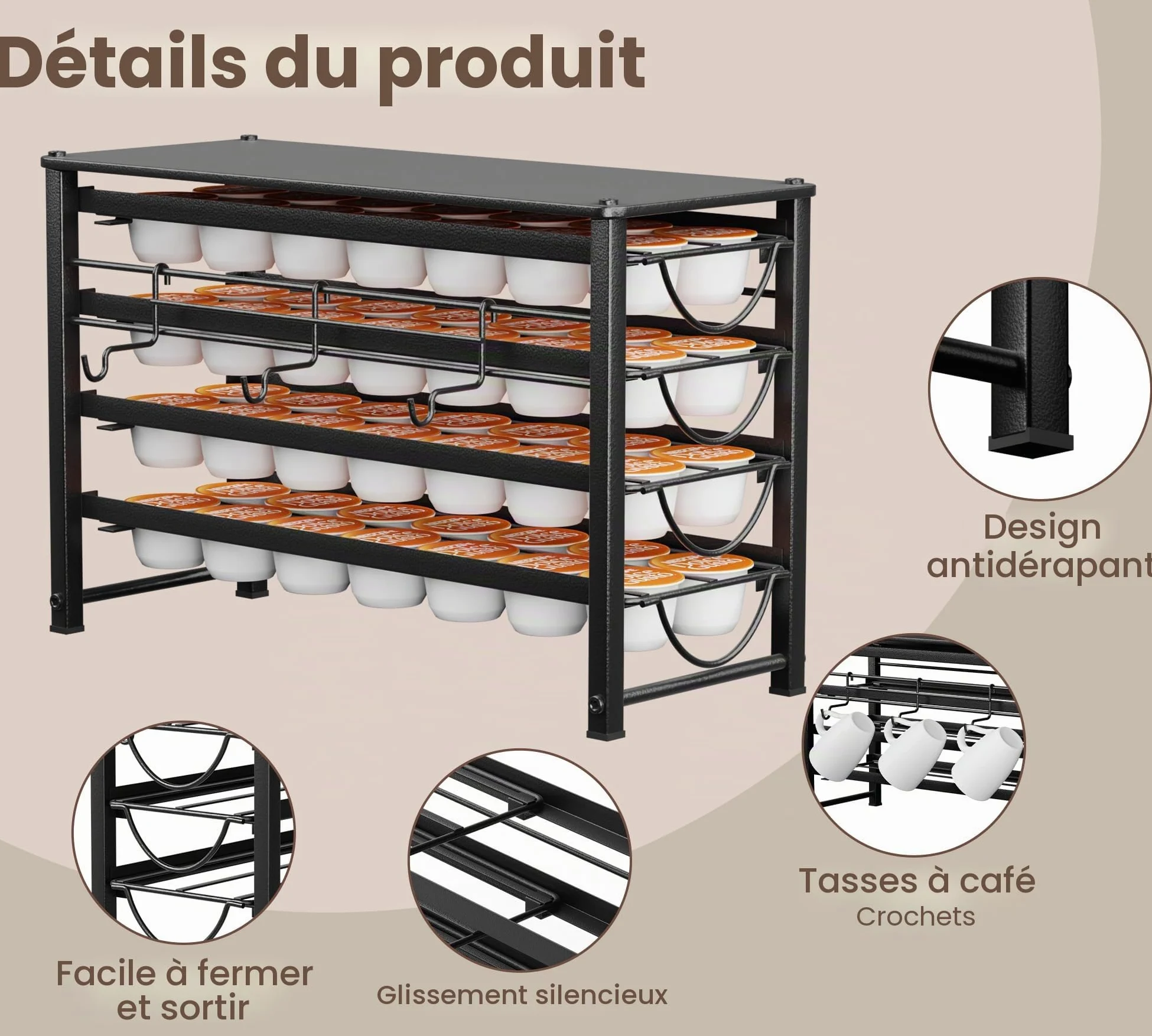 Rangement pour capsules Dolce Gusto 56 capsules de café, 4 tiroirs en métal silencieux avec pieds antidérapants, adapté pour la cuisine et le bureau